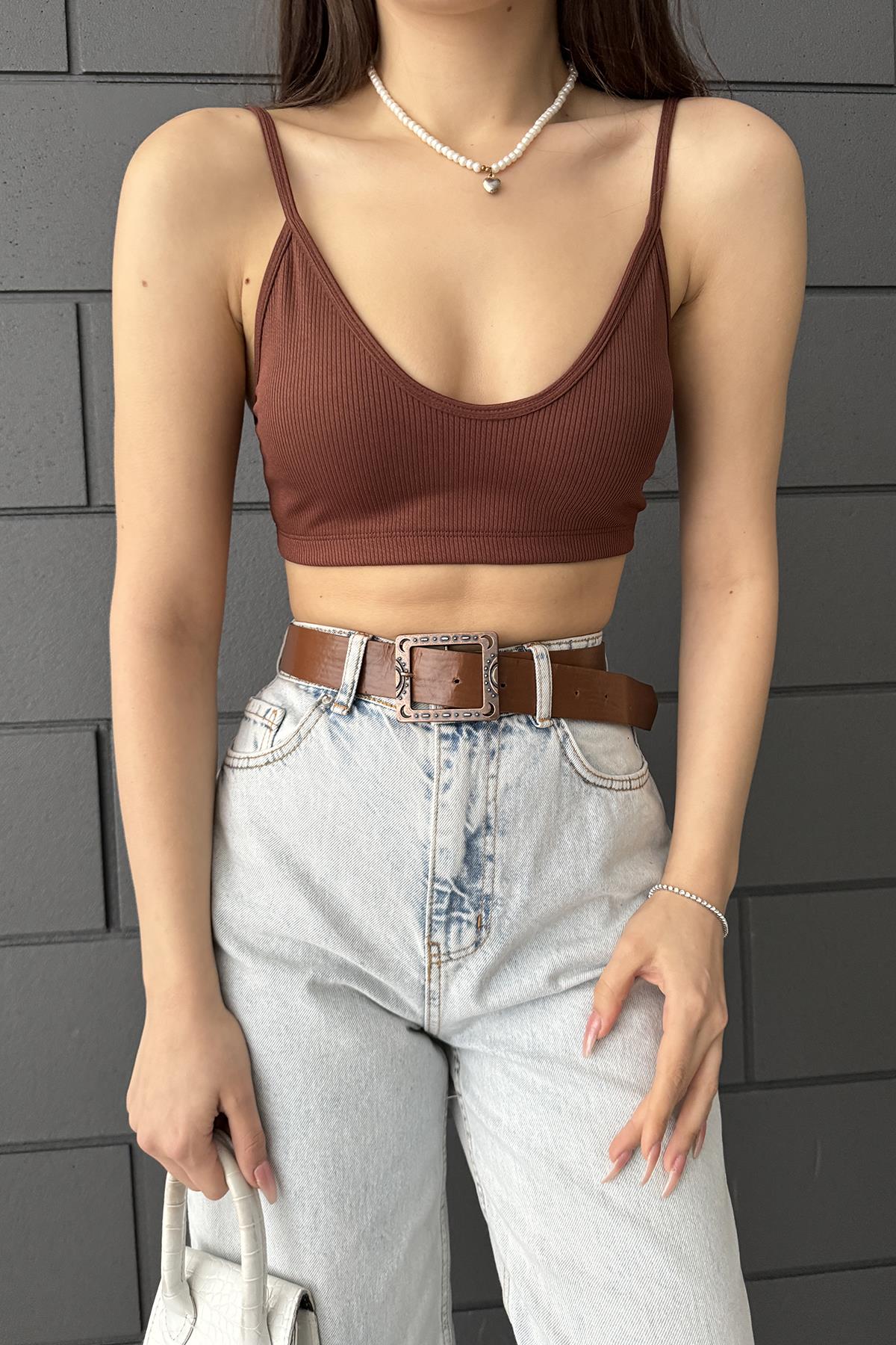 Heramoda Kadın Kahverengi  V yaka Dilvin Crop