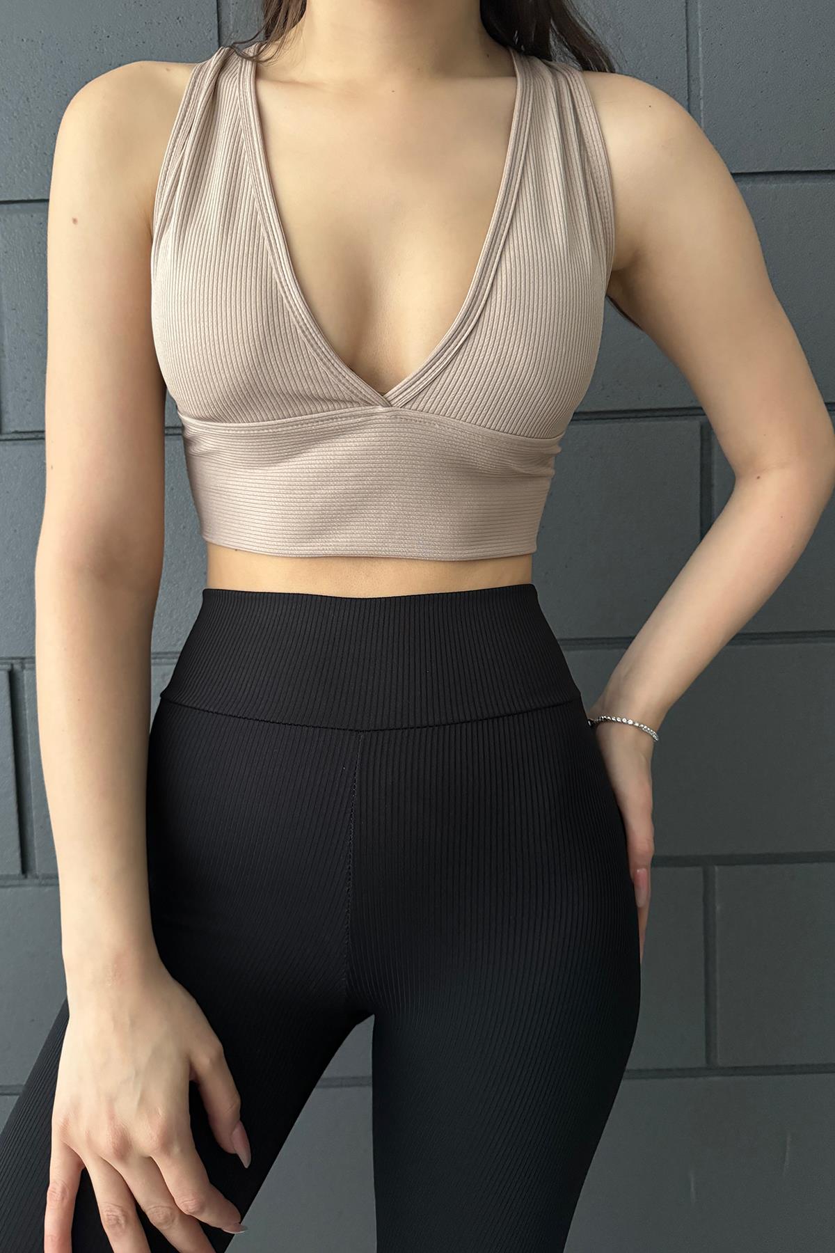 Heramoda Kadın Krem Fitilli Kalın Kemer Sırtı Çapraz V Yaka Crop