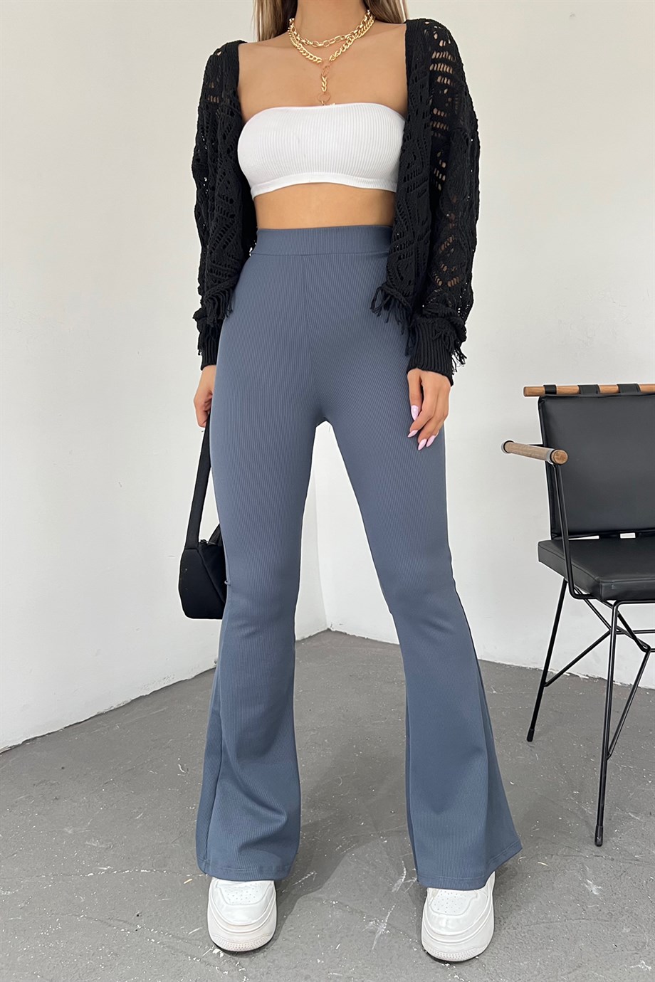 Kadın Antrasit Yüksek Bel Fitilli İspanyol Paça Tayt