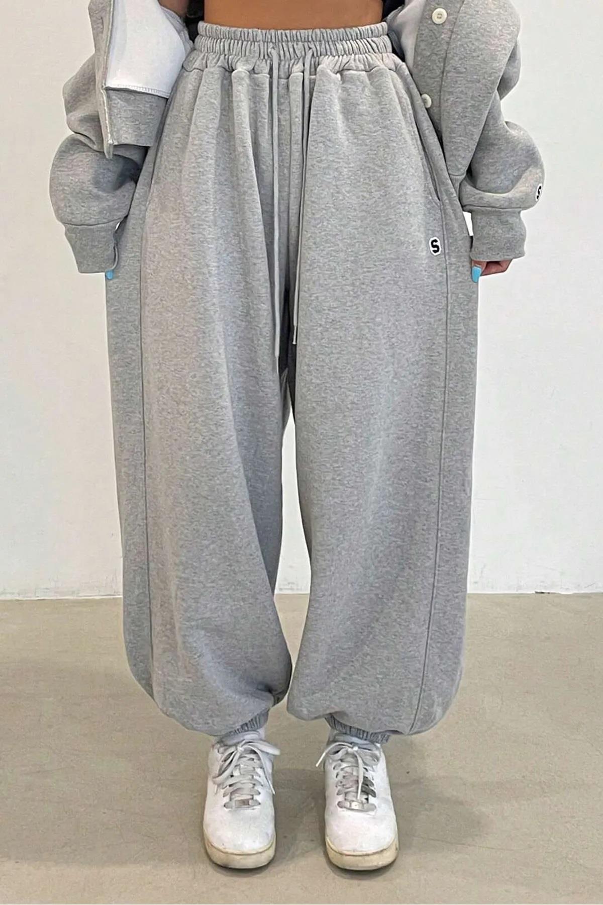 Kadın Gri S Etiketli Oversize Jogger Eşofman Altı