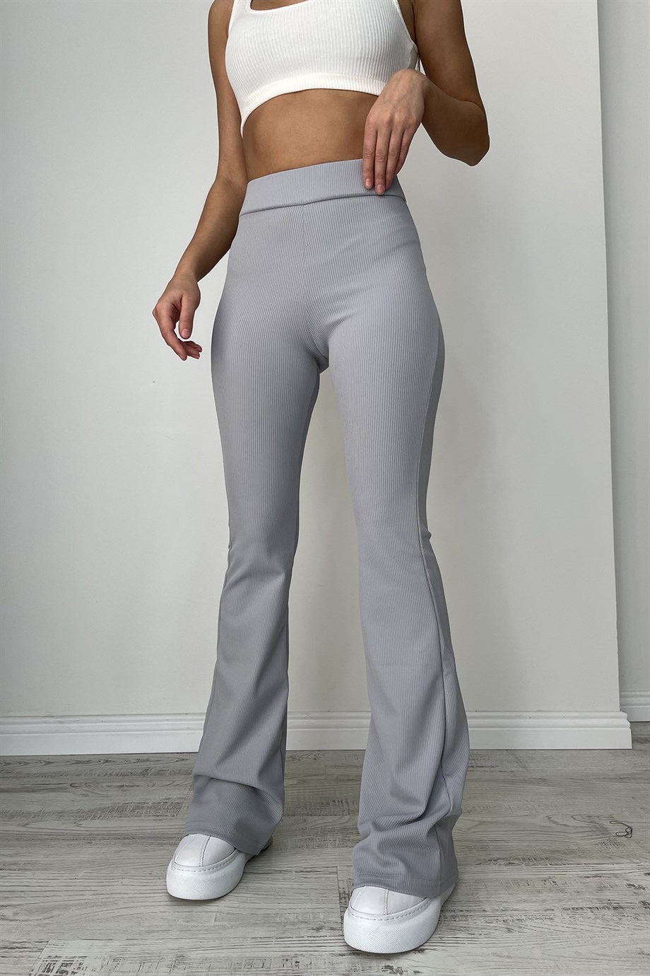 Kadın Gri Yüksek Bel Fitilli İspanyol Paça Tayt