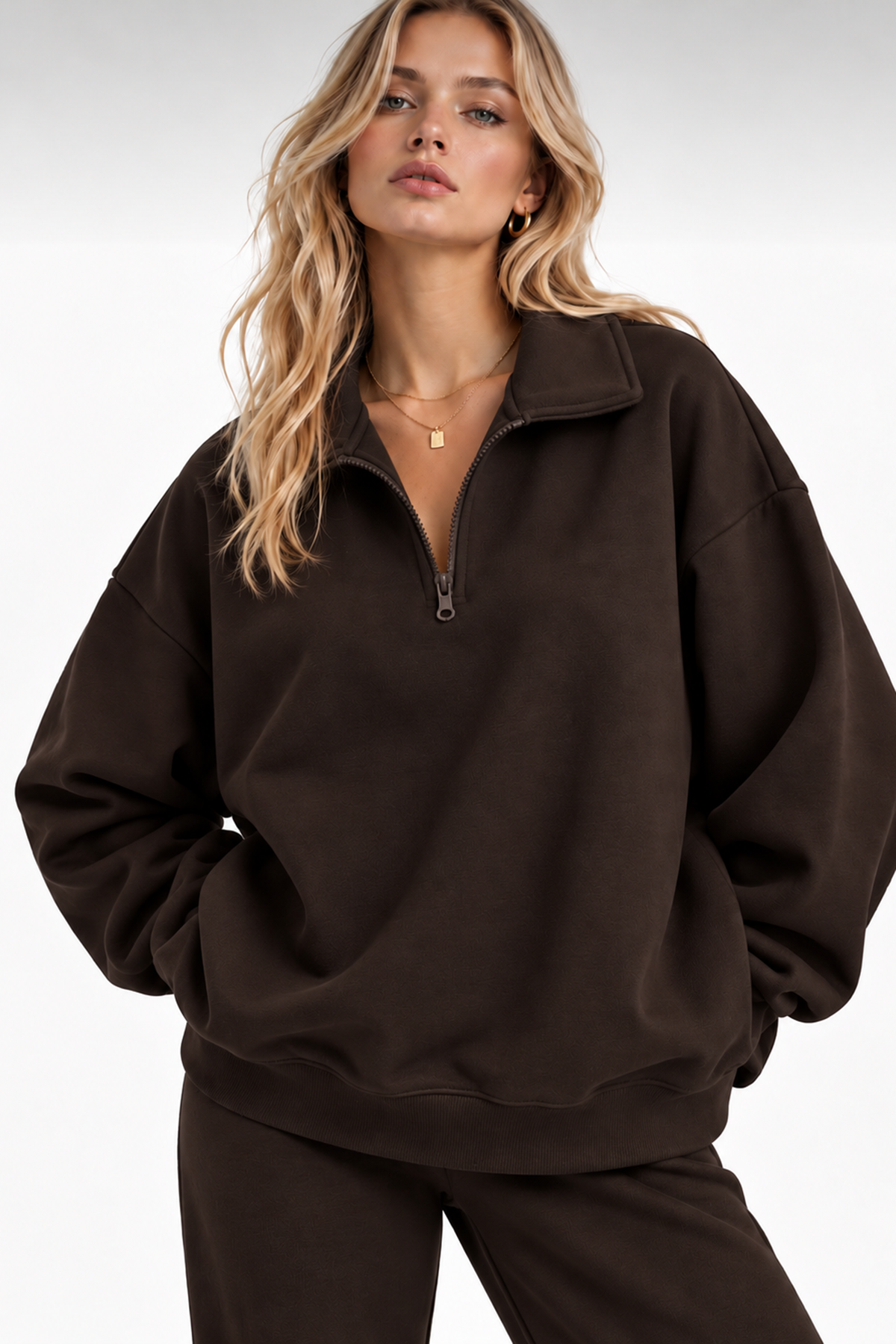 Kahve Fermuarlı Polo Yaka 3 İplik Şardonlu Sweat