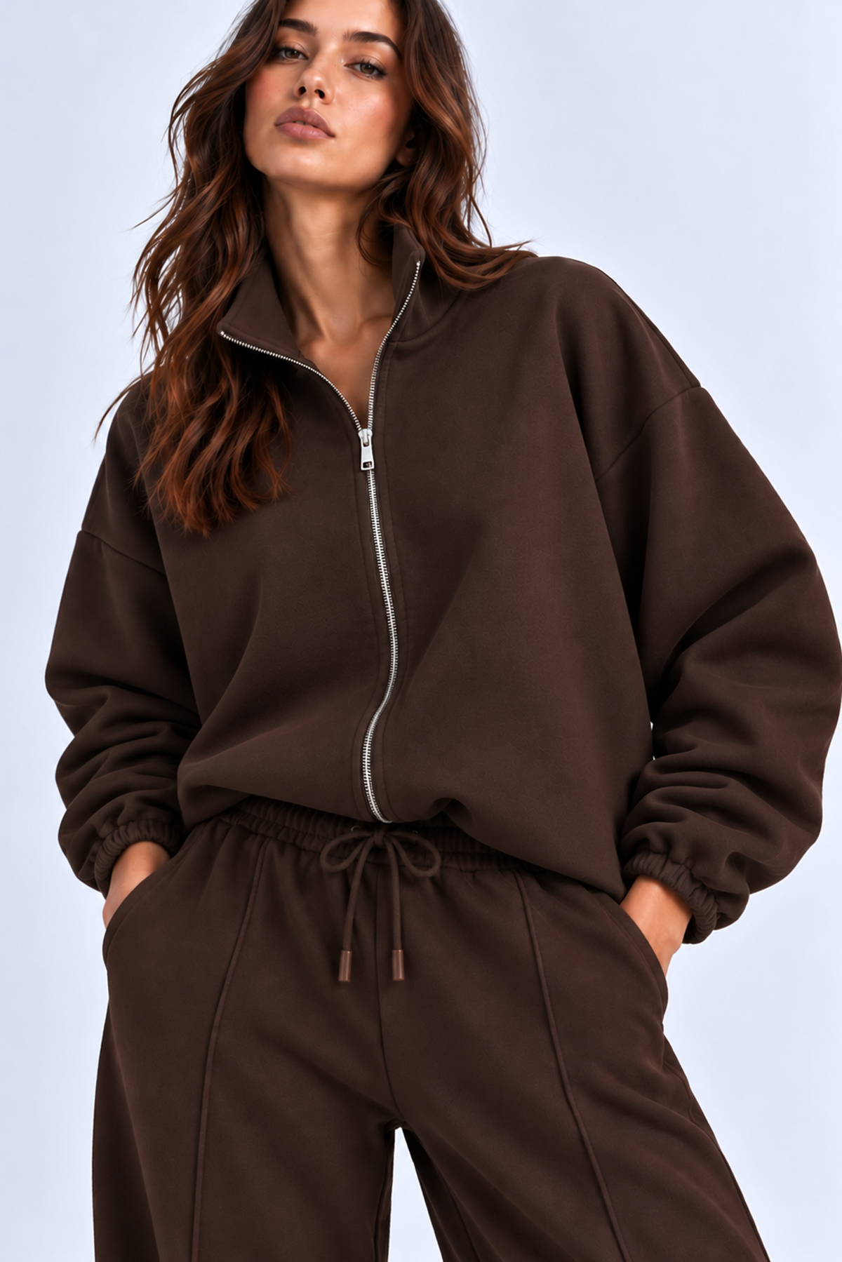 KAHVERENGİ 3 Iplik Içi Şardonlu Dik Yaka Demir Fermuarlı Oversize Sweatshirt