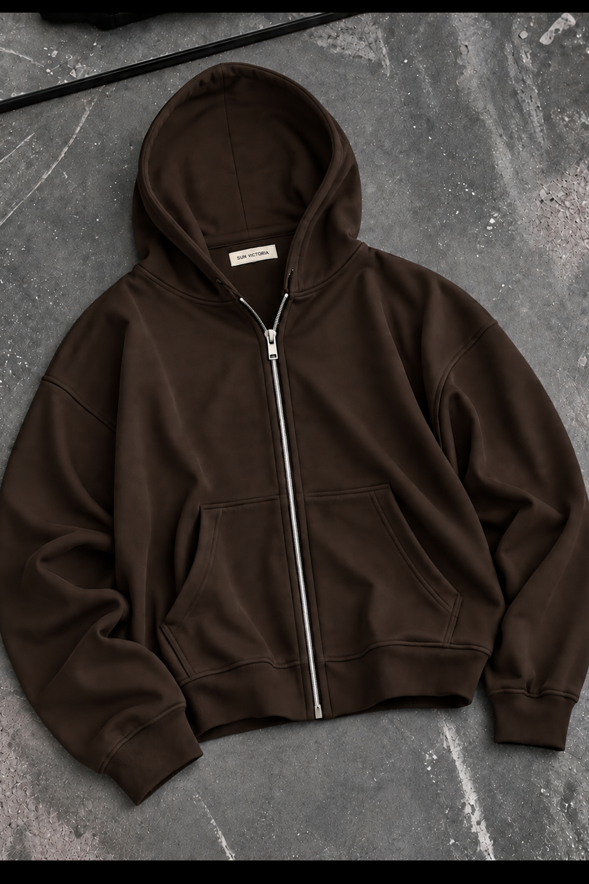 Kahverengi Modal Oys Kumaş Demir Fermuarlı Kapüşonlu Cepli Oversize Sweatshirt