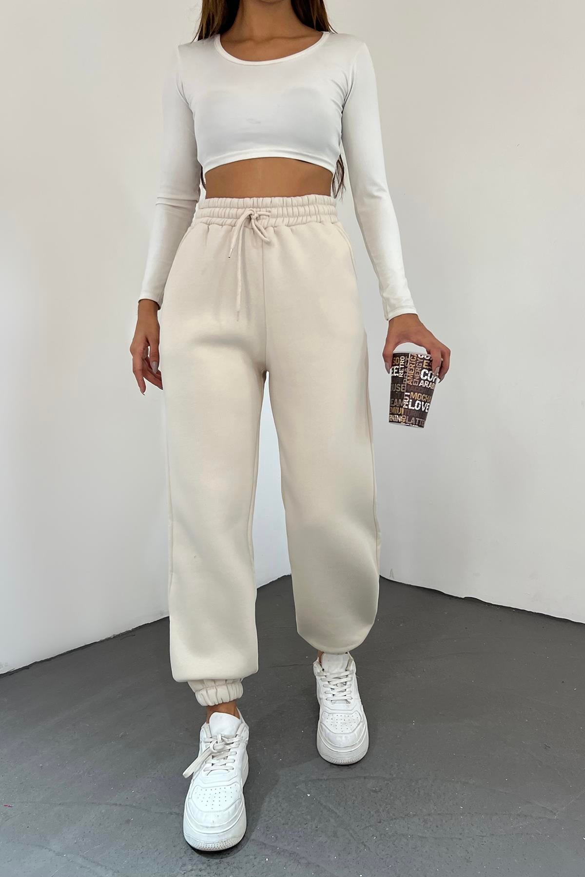 Krem 3 İplik Polarlı Jogger Eşofman