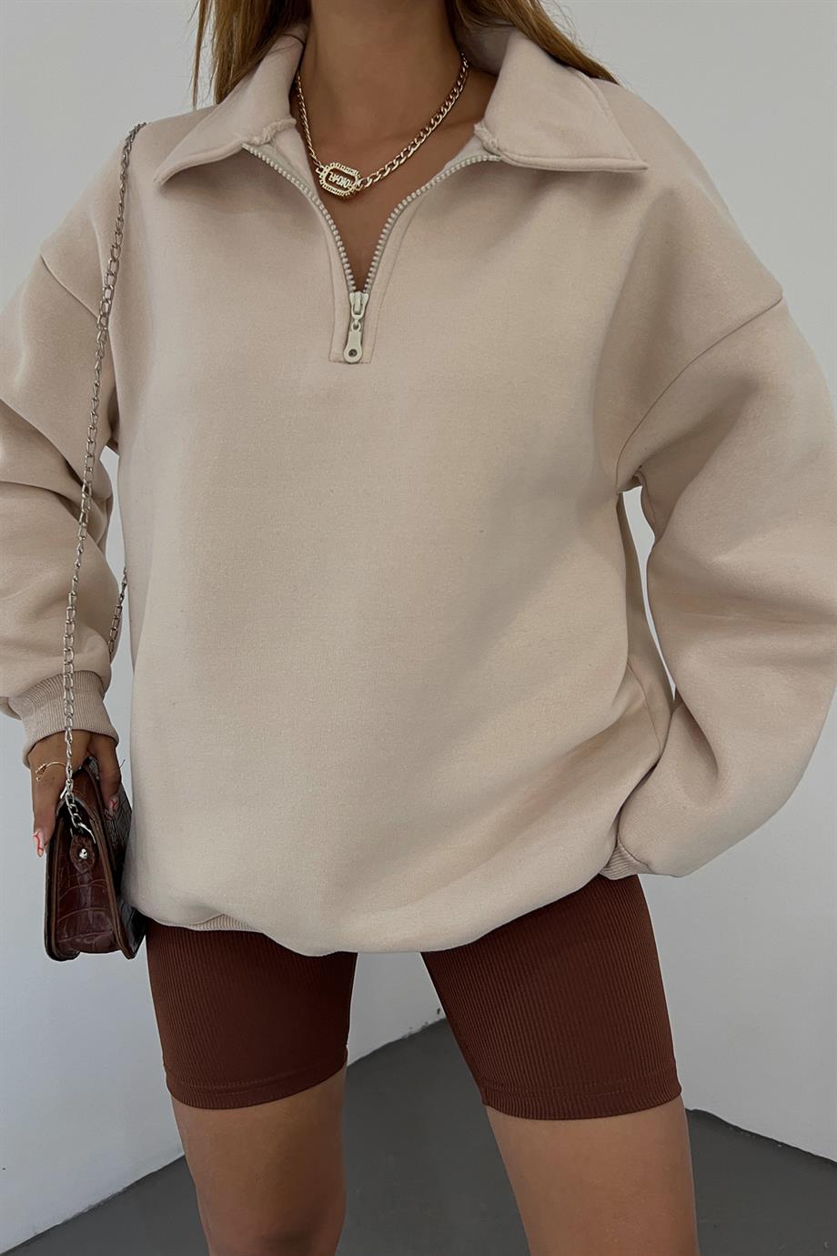 Krem Fermuarlı Polo Yaka Sweat