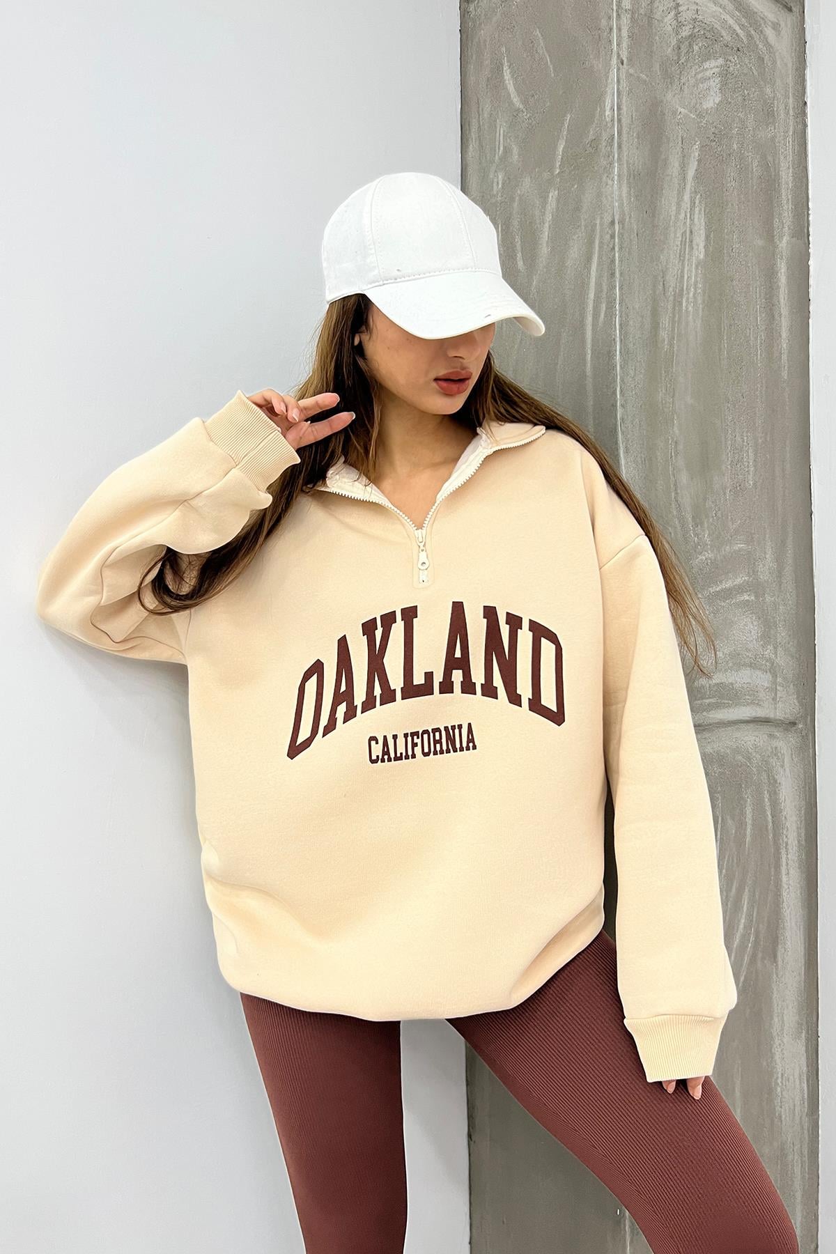 Krem Oakland Baskılı Fermuarlı Sweat