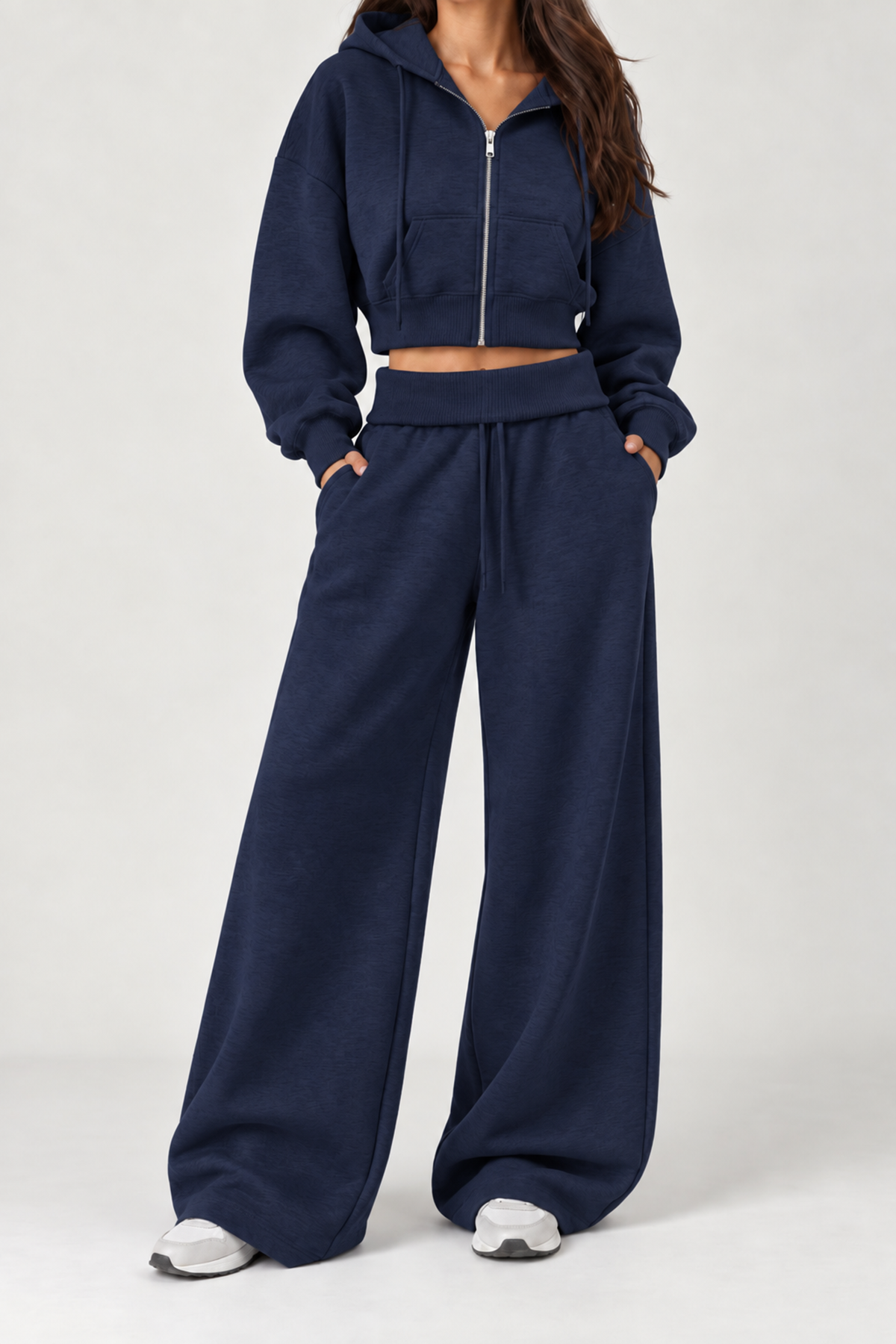 LACİVERT 3 Iplik Içi Şardonlu Kıvrık Bel Oversize Eşofman Altı