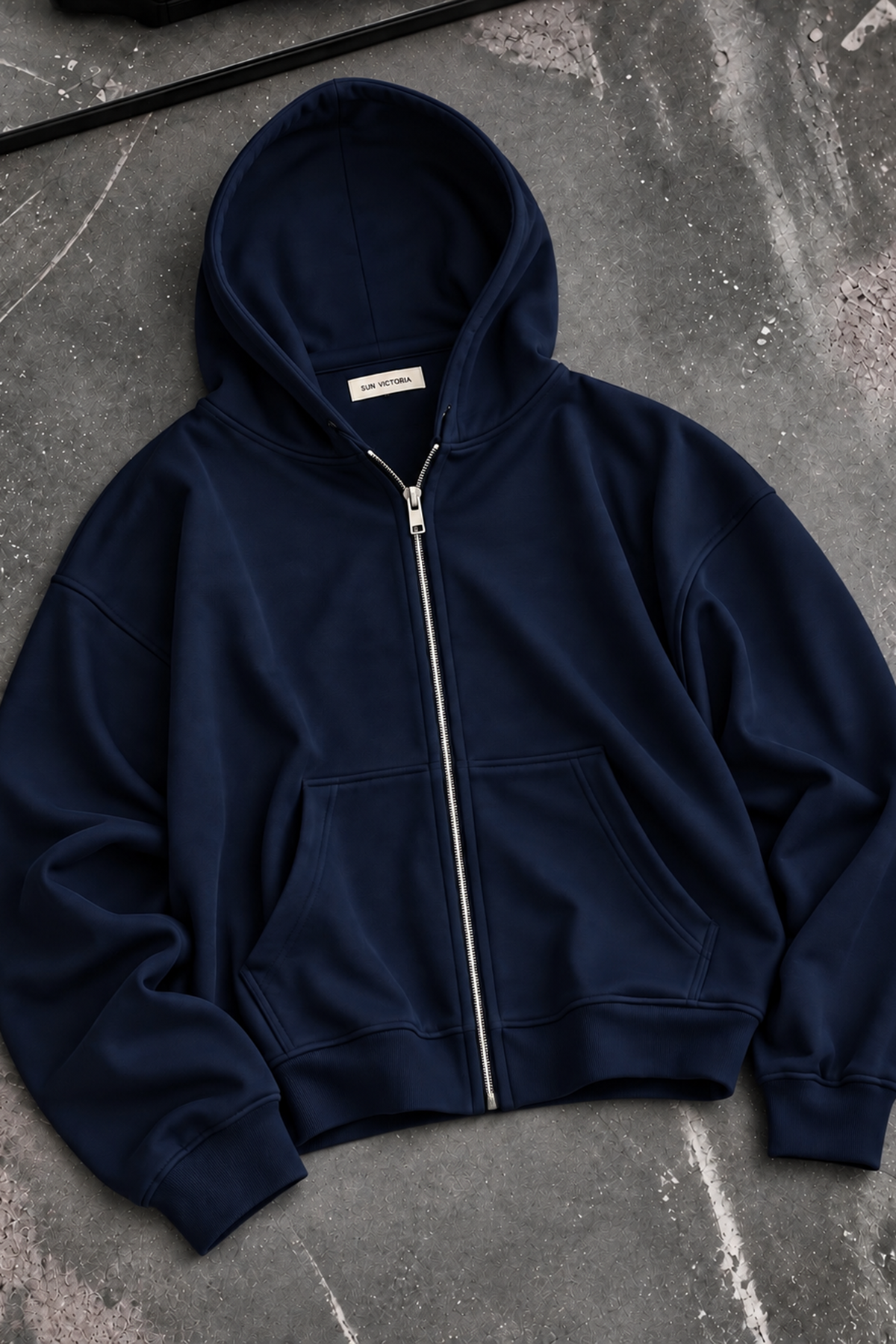 Lacivert Modal Oys Kumaş Demir Fermuarlı Kapüşonlu Cepli Oversize Sweatshirt