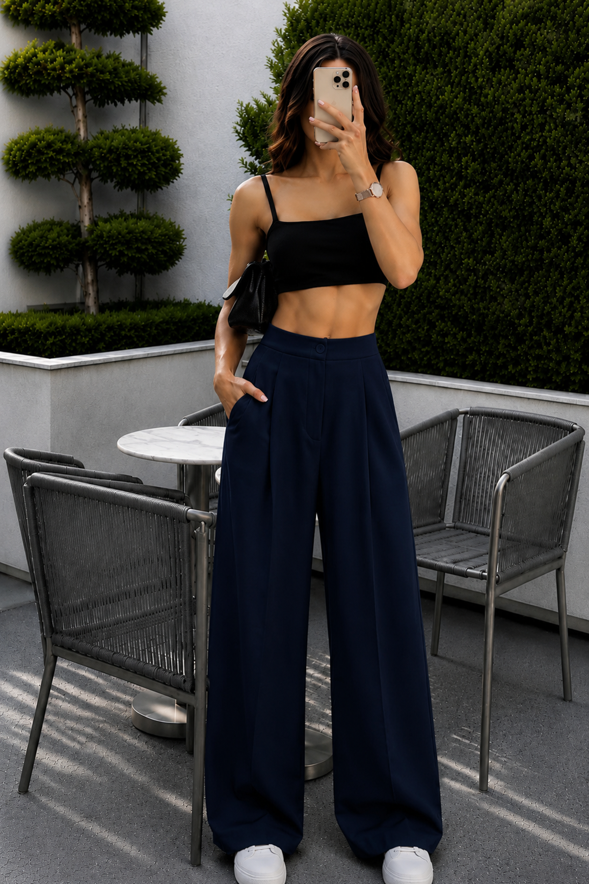 Lacivert Palazzo Beli Lastikli Pantolon Oversize Orjinal Kesim