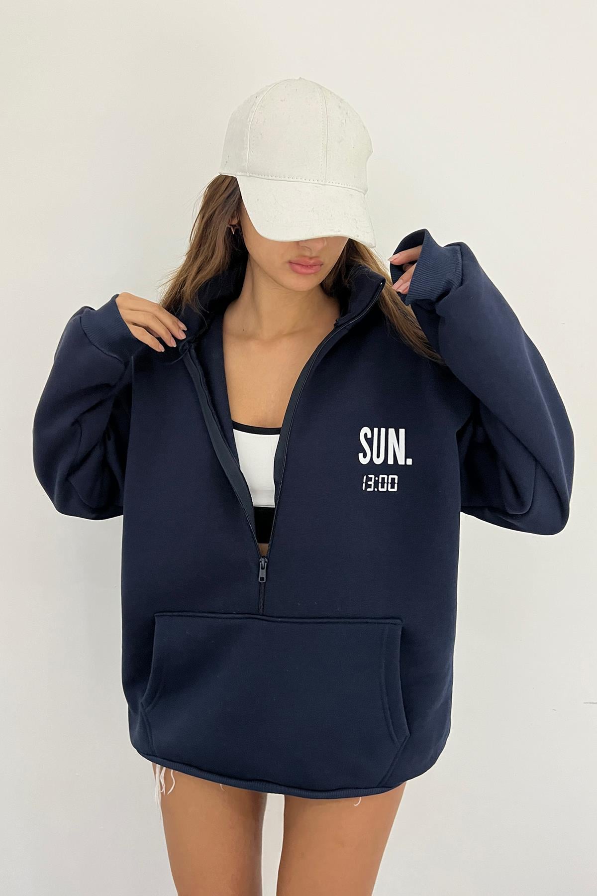 Lacivert SUN.13:00 Baskılı Fermuarlı Sweat
