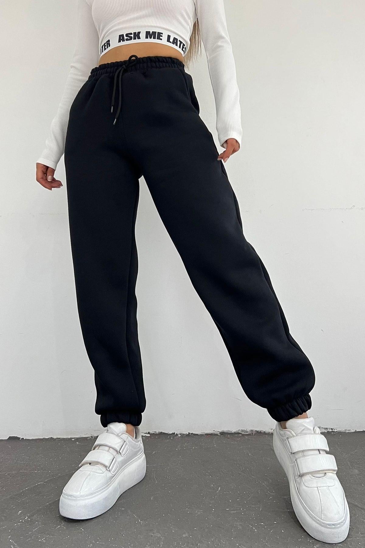 Siyah 3 İplik Polarlı Jogger Eşofman