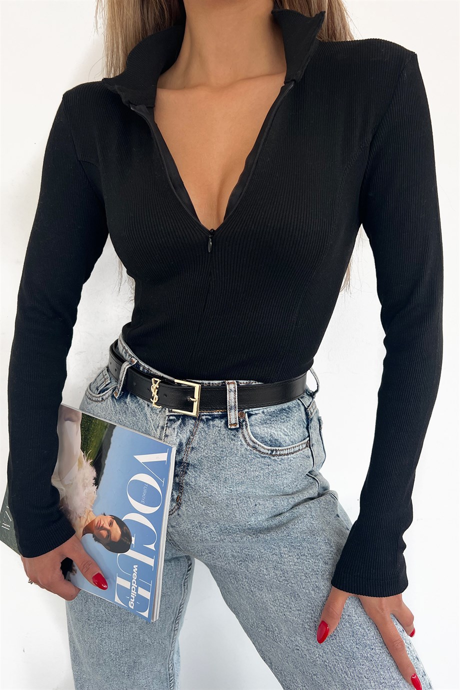 Siyah Fermuarlı Polo Yaka