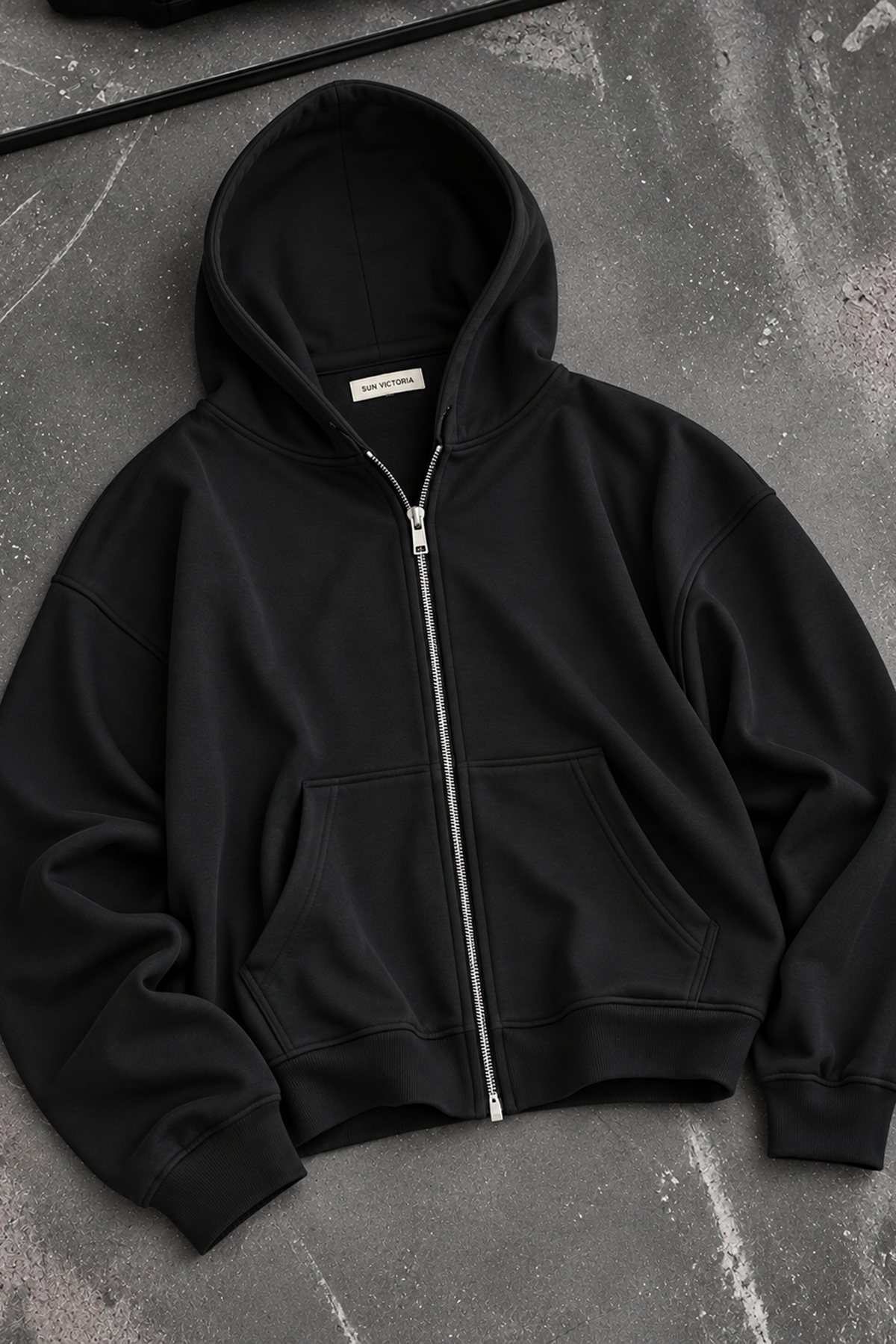 Siyah Modal Oys Kumaş Demir Fermuarlı Kapüşonlu Cepli Oversize Sweatshirt