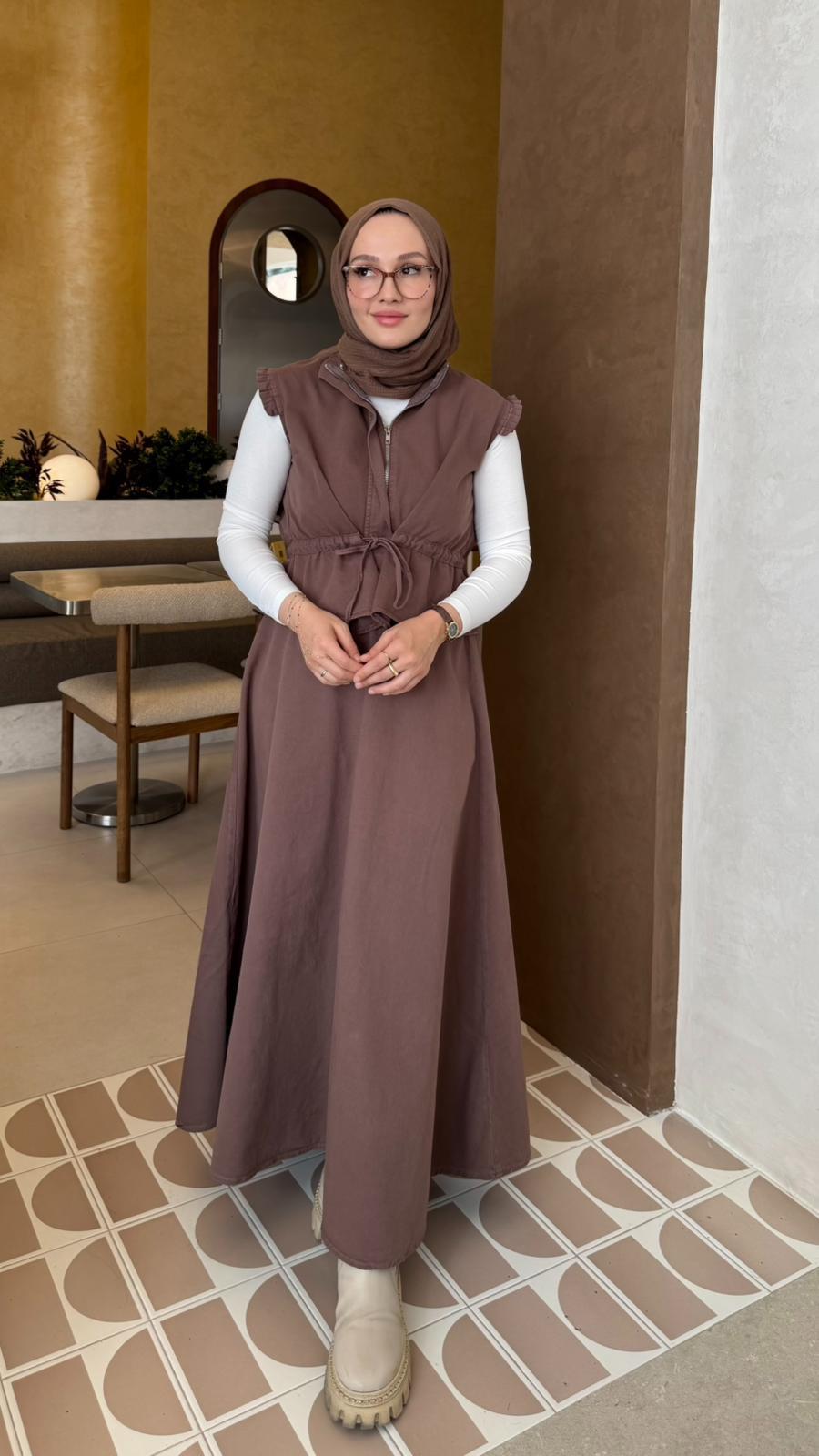 Yelekli Etek Takım-Kahve