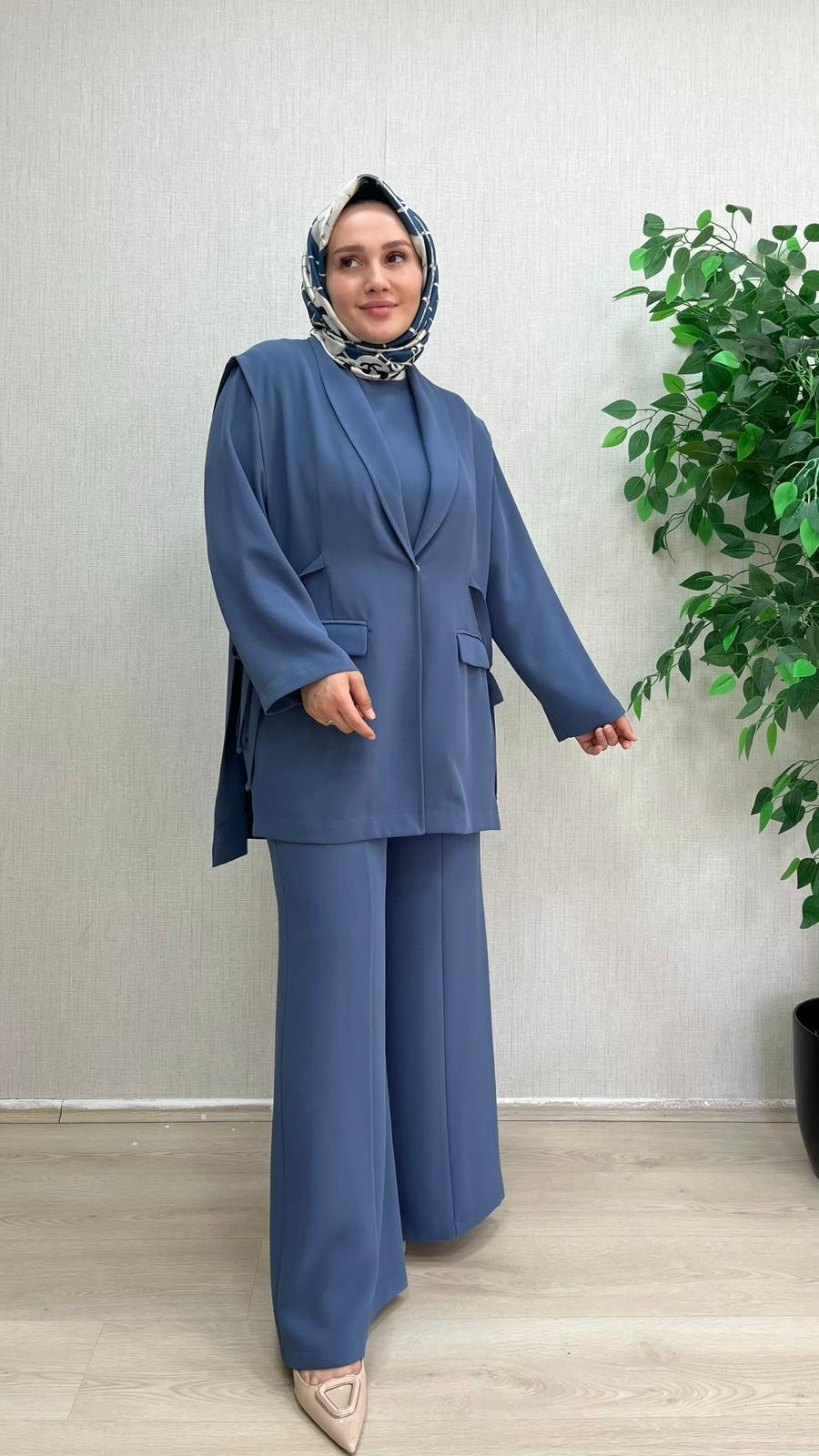 Armine 3'lü Yelekli Takım İndigo