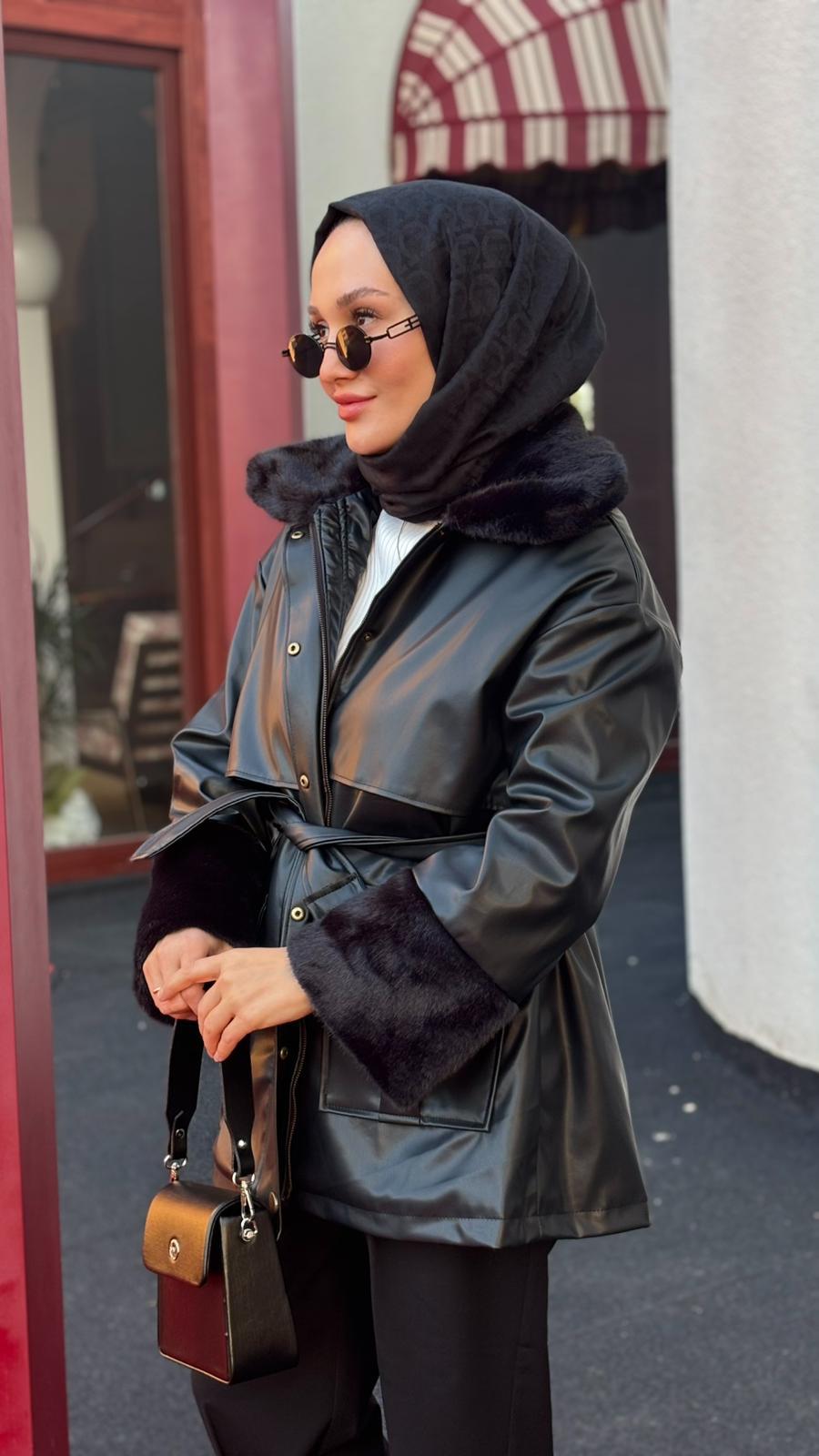 Kürklü Deri Ceket-Siyah