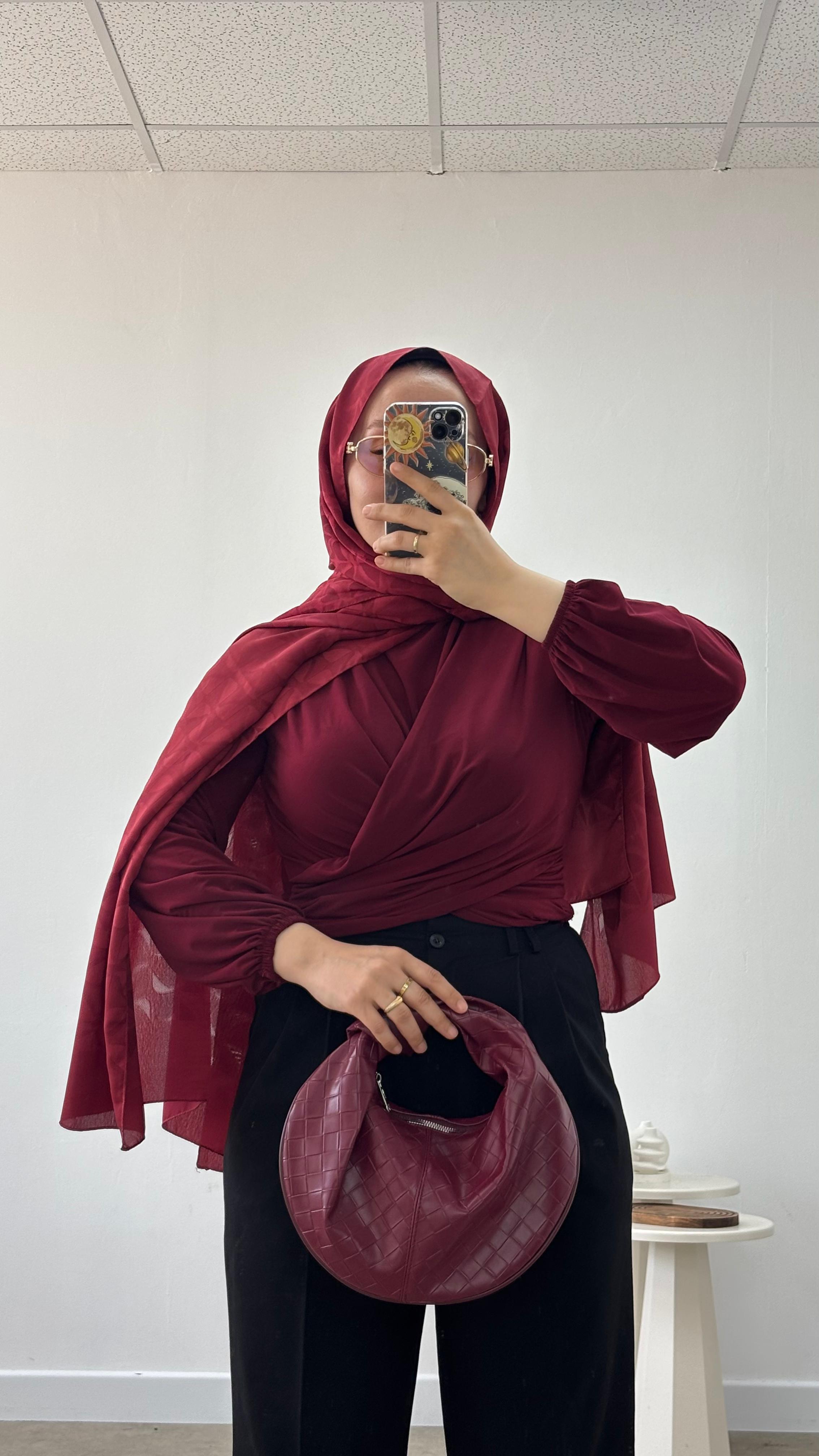 Ön Drape Bluz Bordo