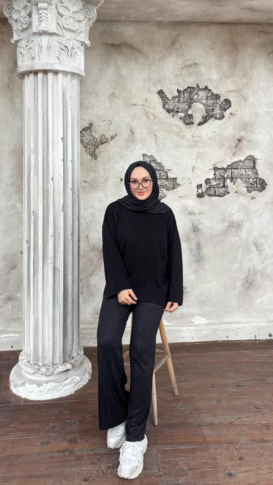 Parıltılı Triko Pantolon-Siyah
