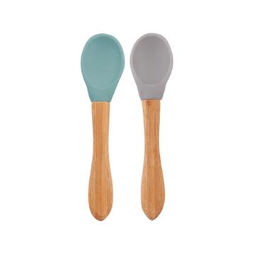 OİOİ Bambu Saplı Silikon 2li Yeşil-Gri Mama Kaşığı