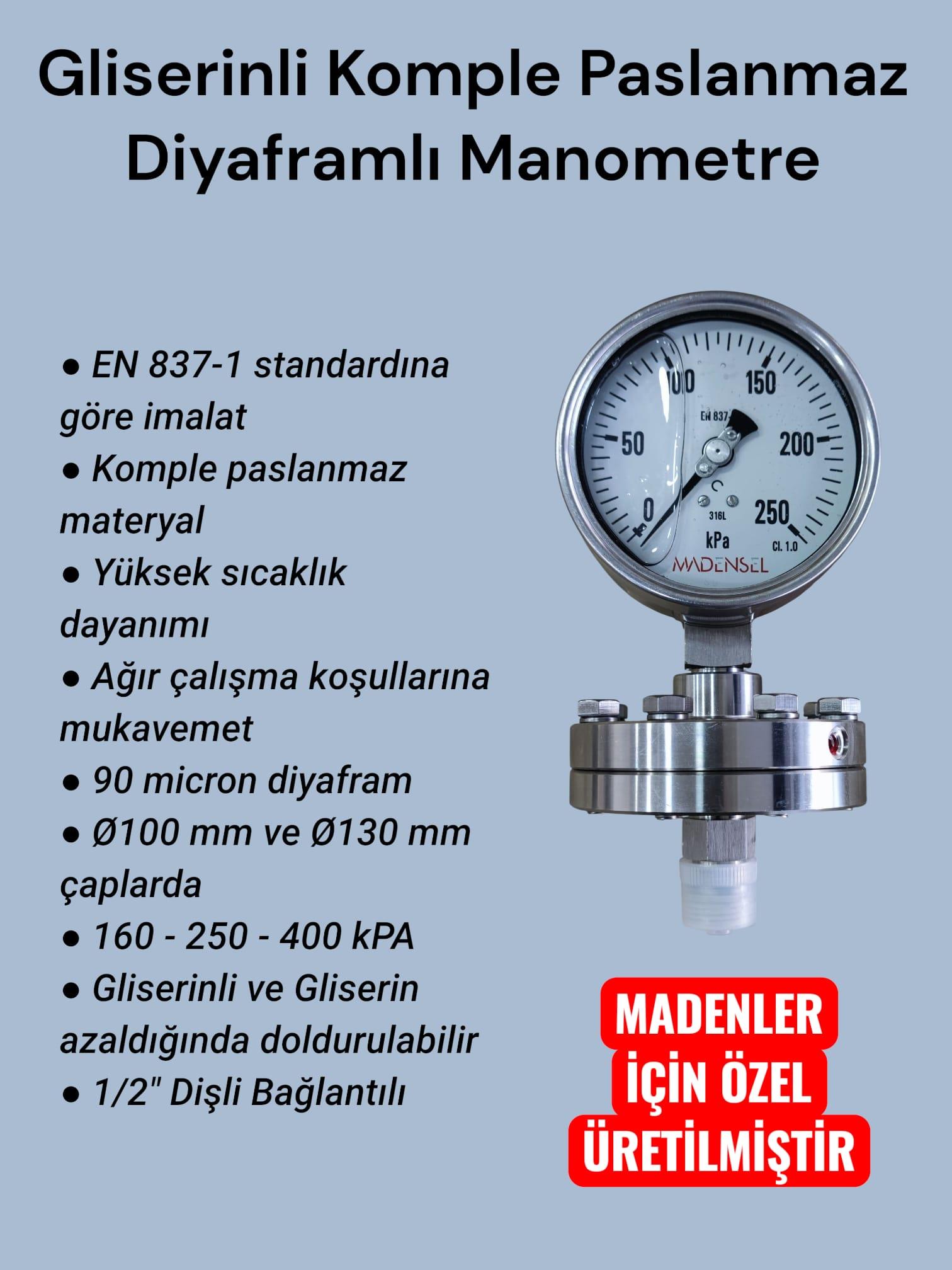 Gliserinli Komple Paslanmaz Diyaframlı Manometre