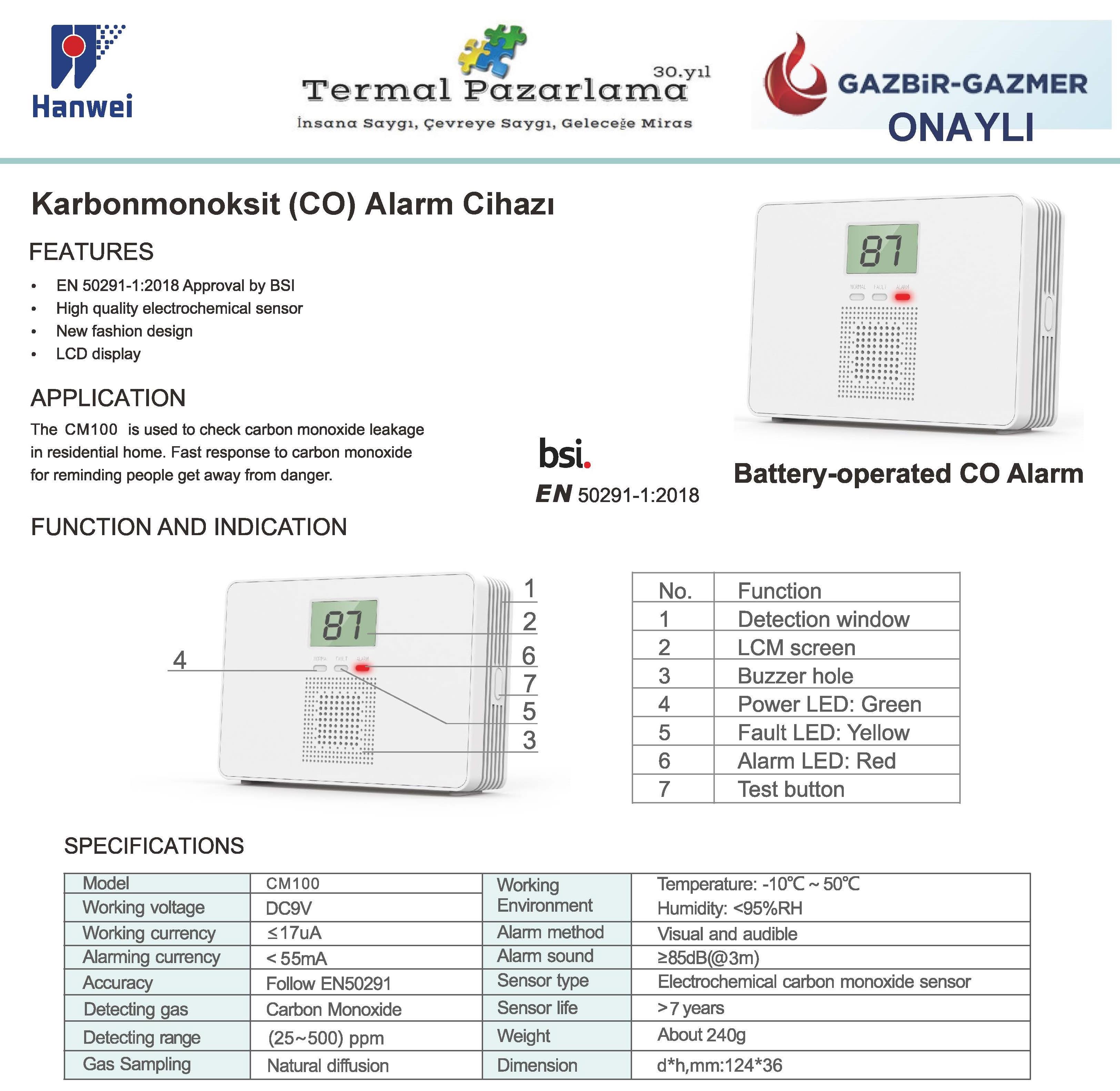 HANWEI CM100 Karbonmonoksit (CO) Alarm Cihazı