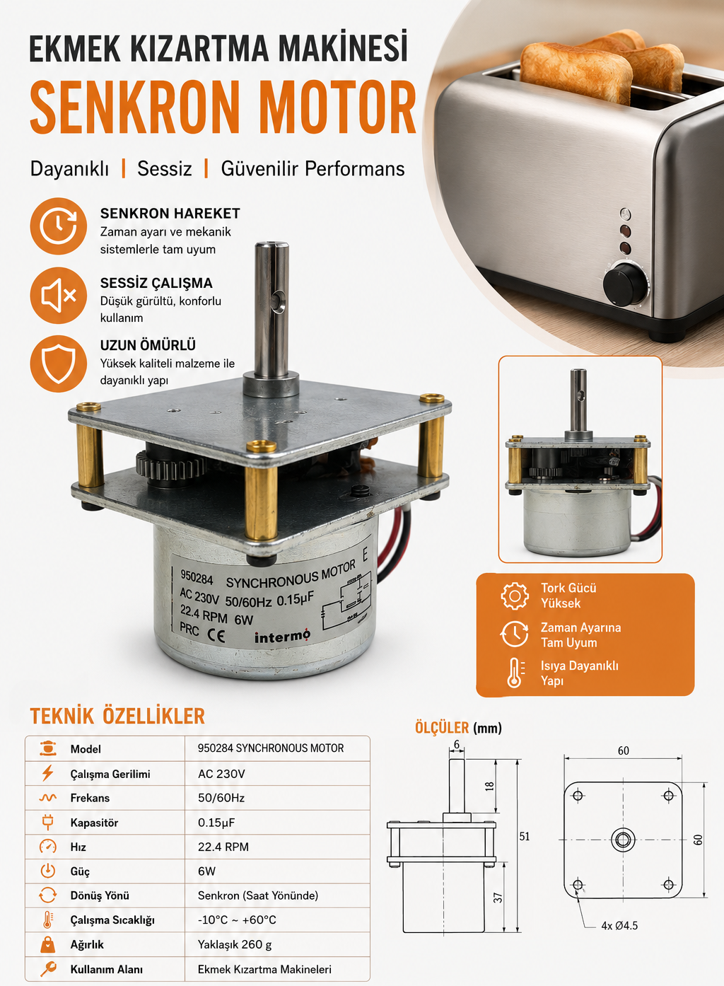 İntermo 2 RPM 6W Konveyörlü Ekmek Kızartma Makinesi Motoru
