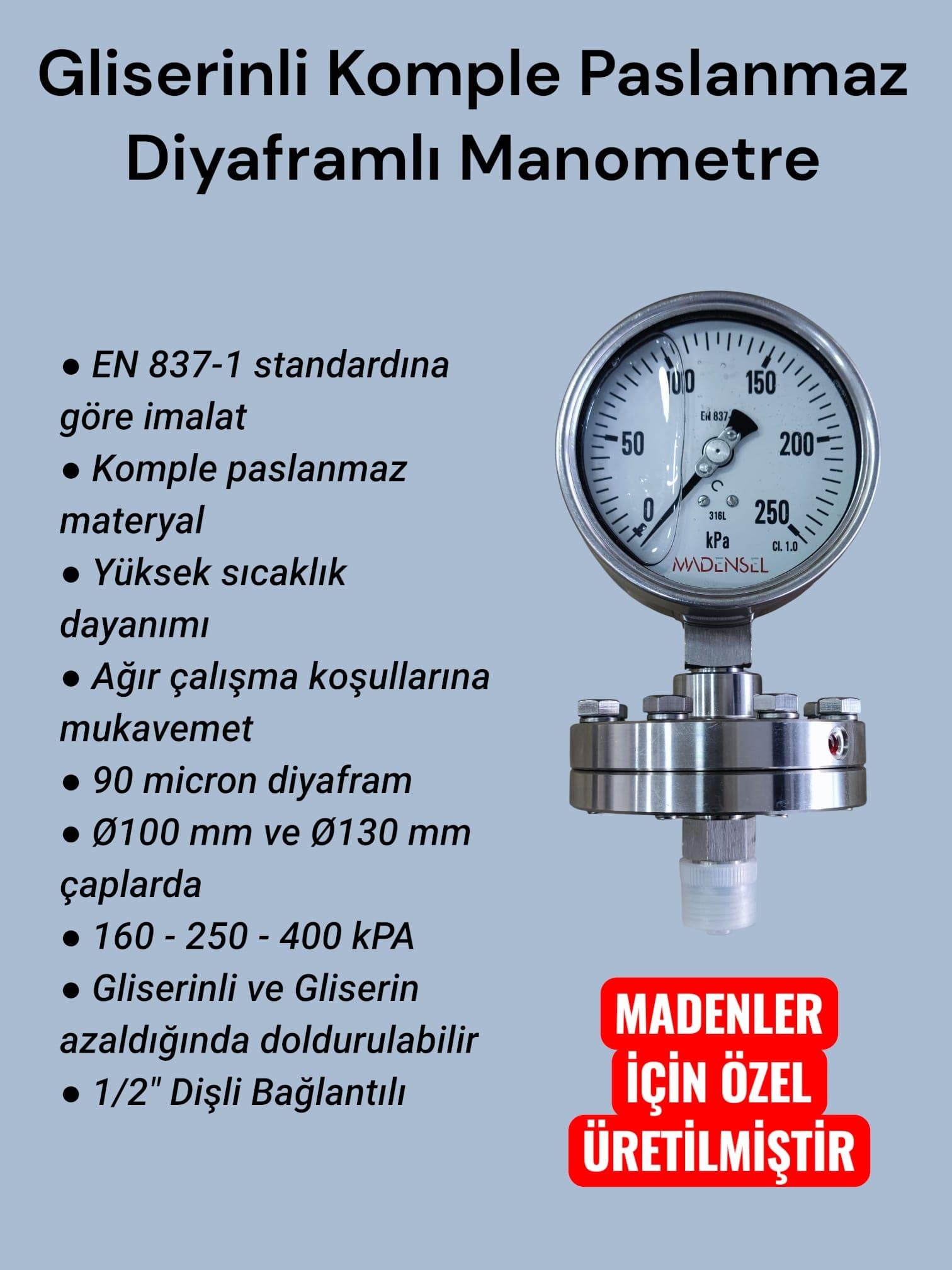 Gliserinli Komple Paslanmaz Diyaframlı Manometre