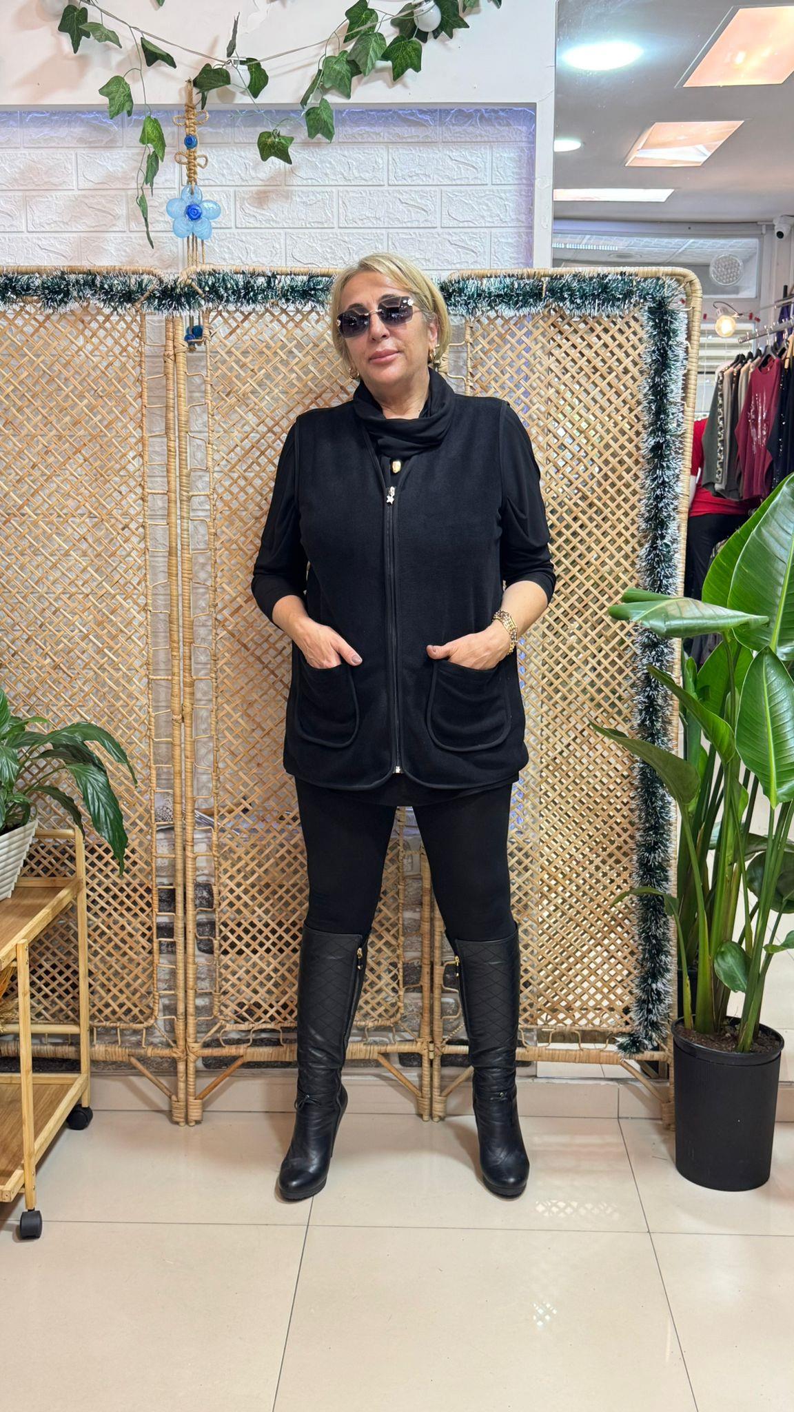 Cepli Fermuarlı Polar Yelek Siyah