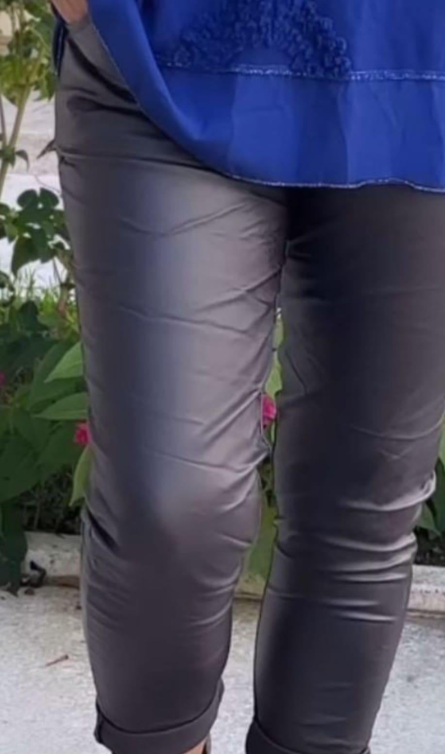 Deri Görünümlü Bel Bağcıklı ve Lastikli İtalyan Pantolon Lacivert