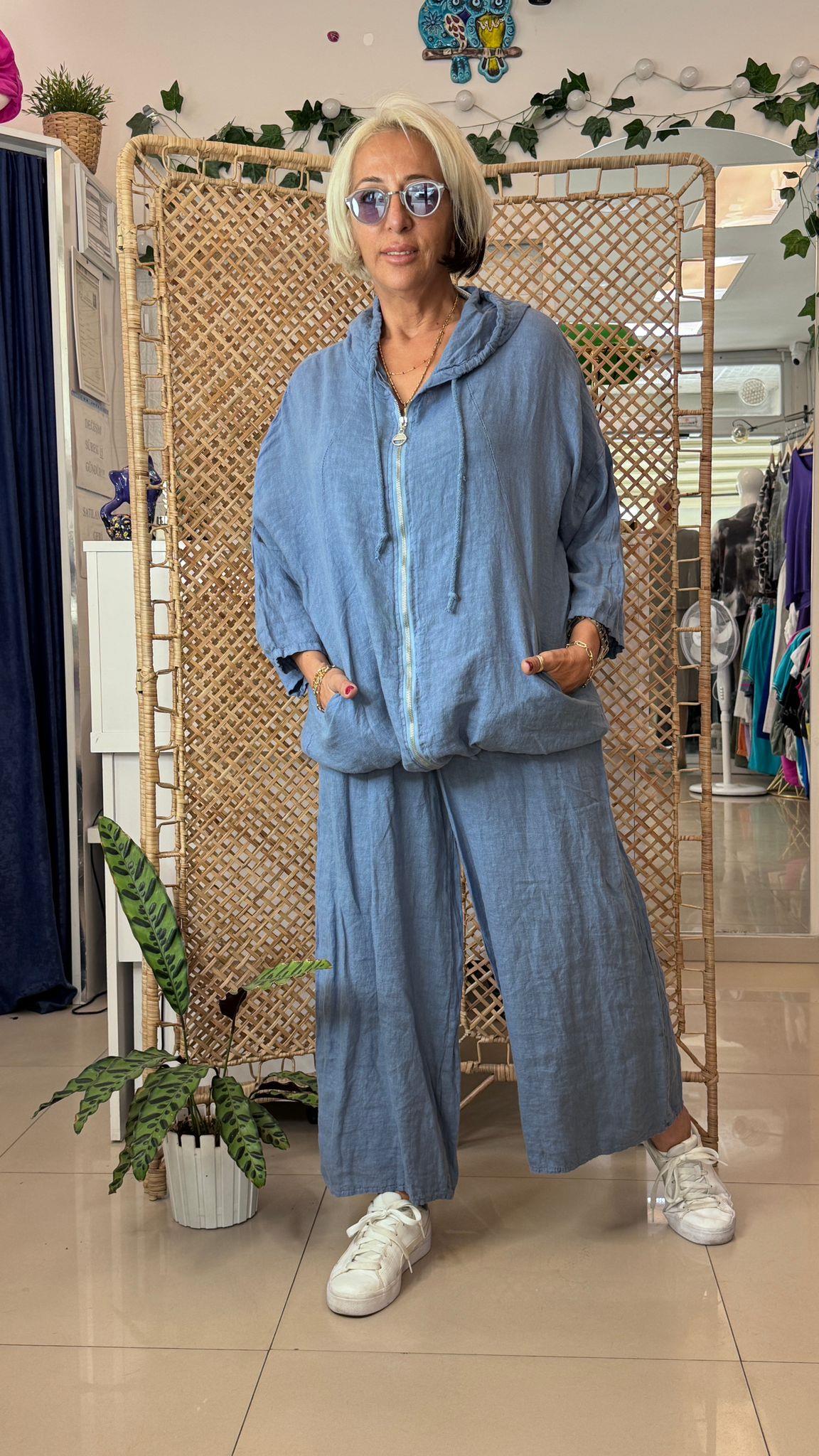 Kapşonlu Rahat Keten Takım Mavi