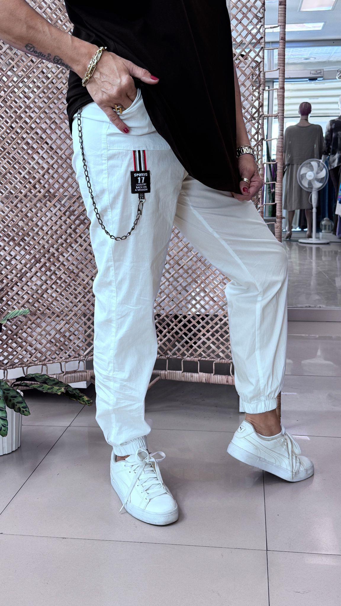 Yandan Cepli Bel Lastikli Paça Lastikli Pantolon Beyaz