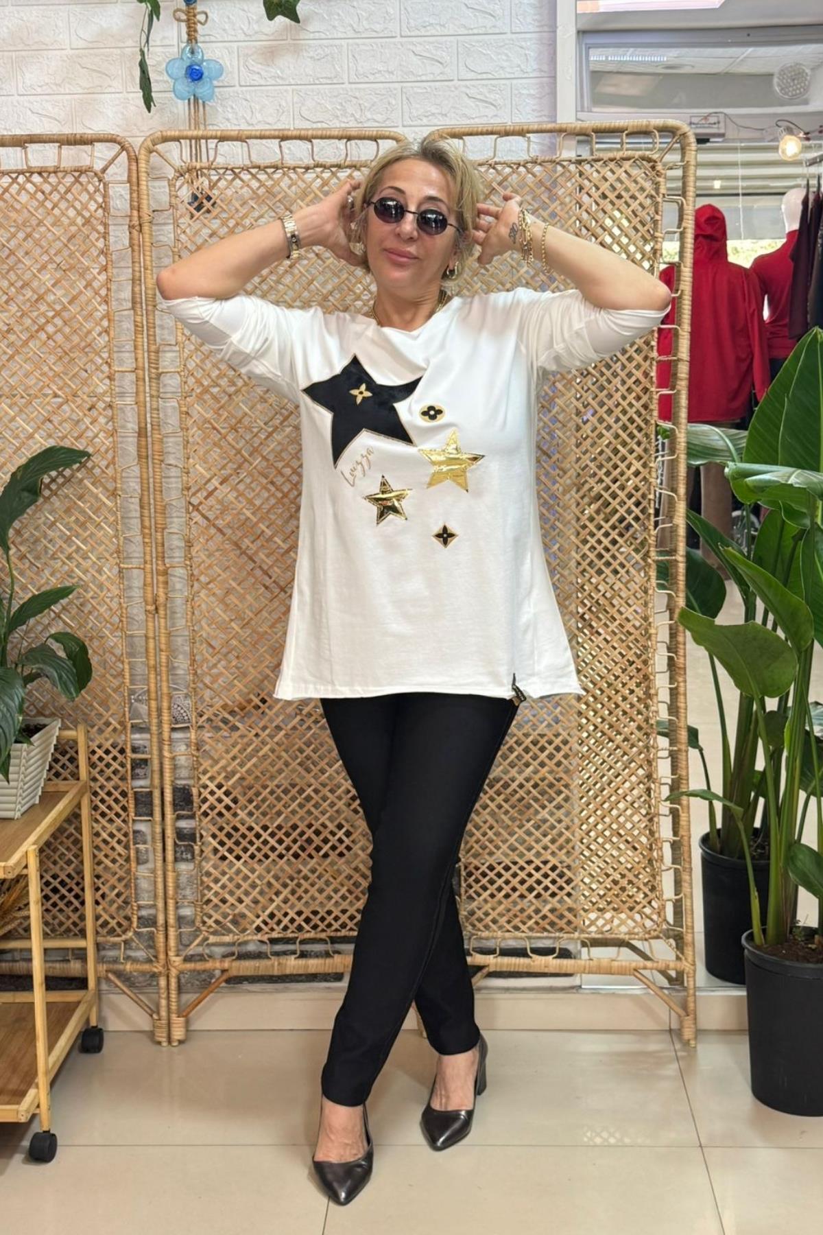 Yıldız Baskılı Bluz Krem 