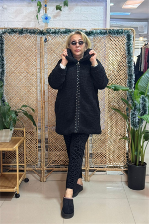 Fermuar Taş Detaylı Kaban Siyah