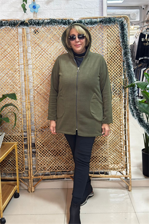 Kapşonlu İpek Polar Ceket Haki