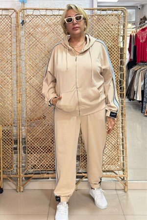 Önden Fermuarlı Kapüşonlu Takım Bej