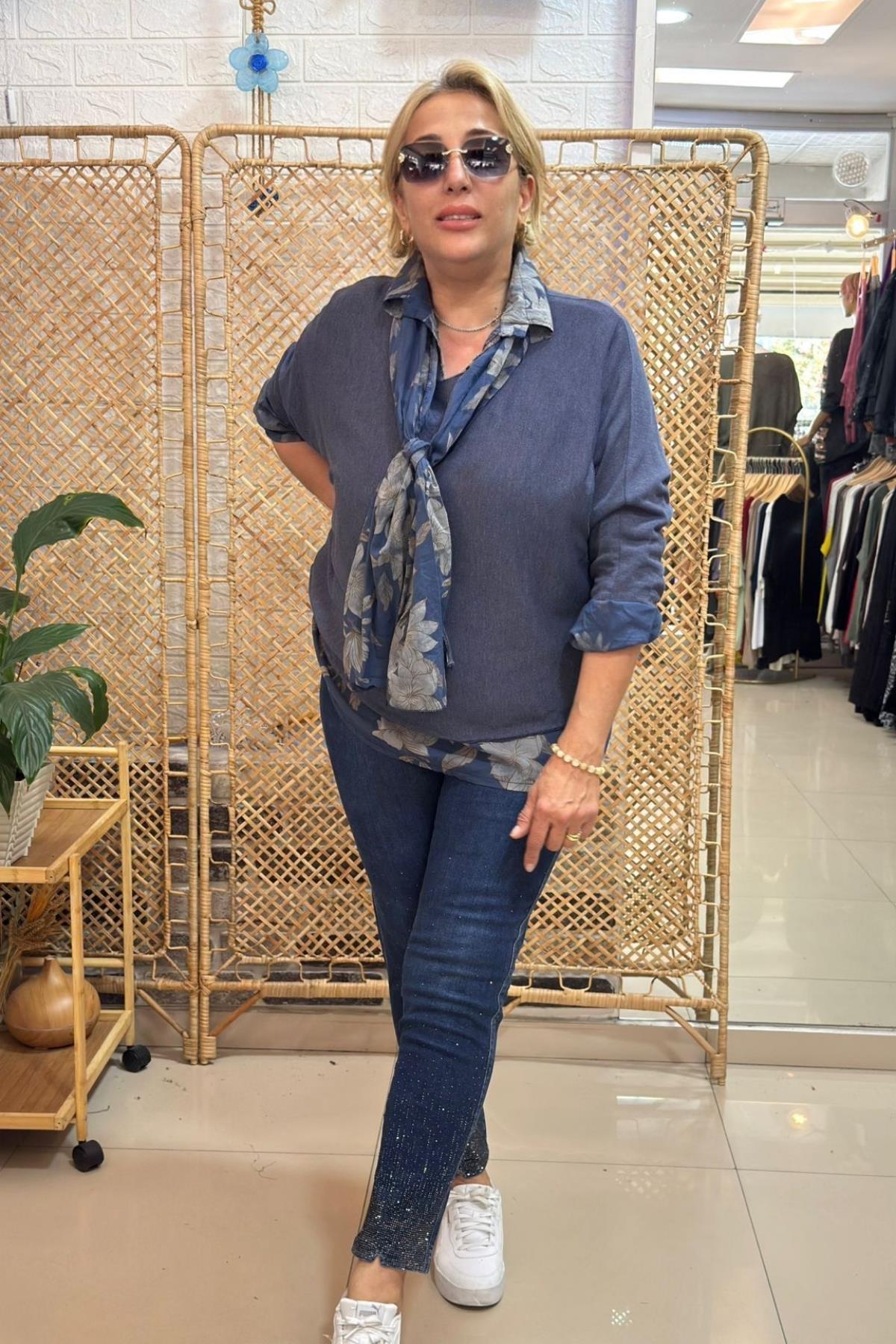 Fularlı İtalyan Gömlekli Bluz Mavi