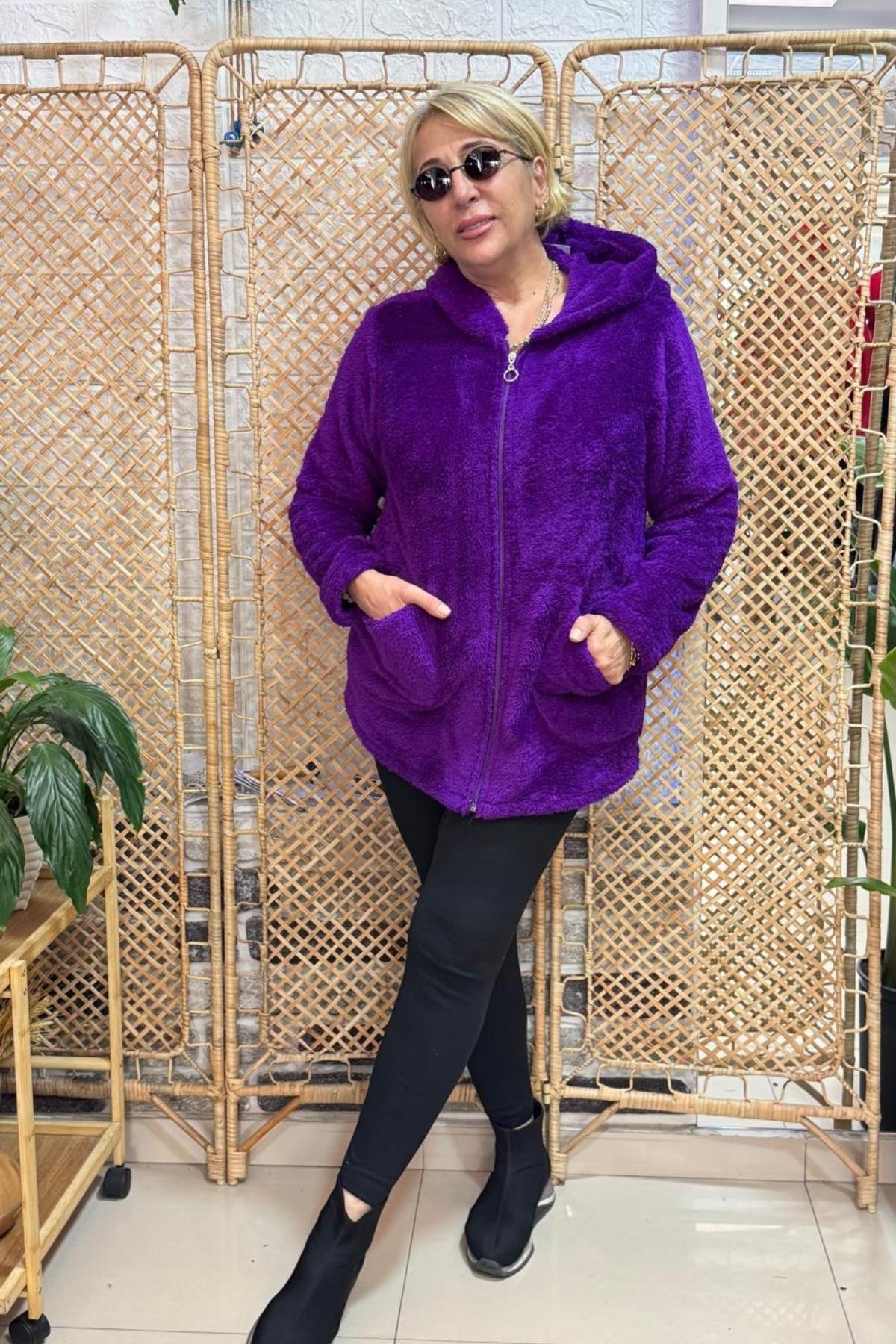 İpek Peluş Fermuarlı Kapüşonlu Ceket Mor