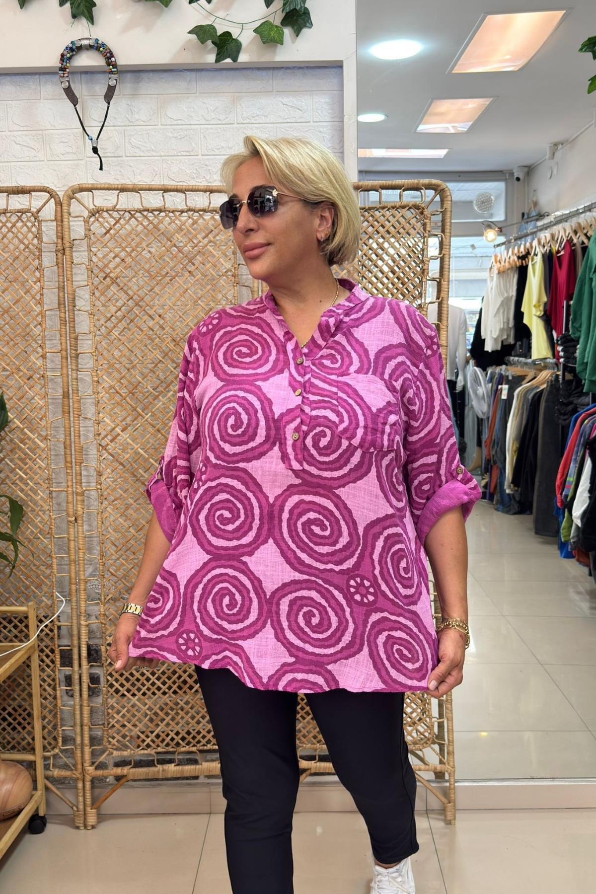 İtalyan Desenli Keten Gömlek Fuşya