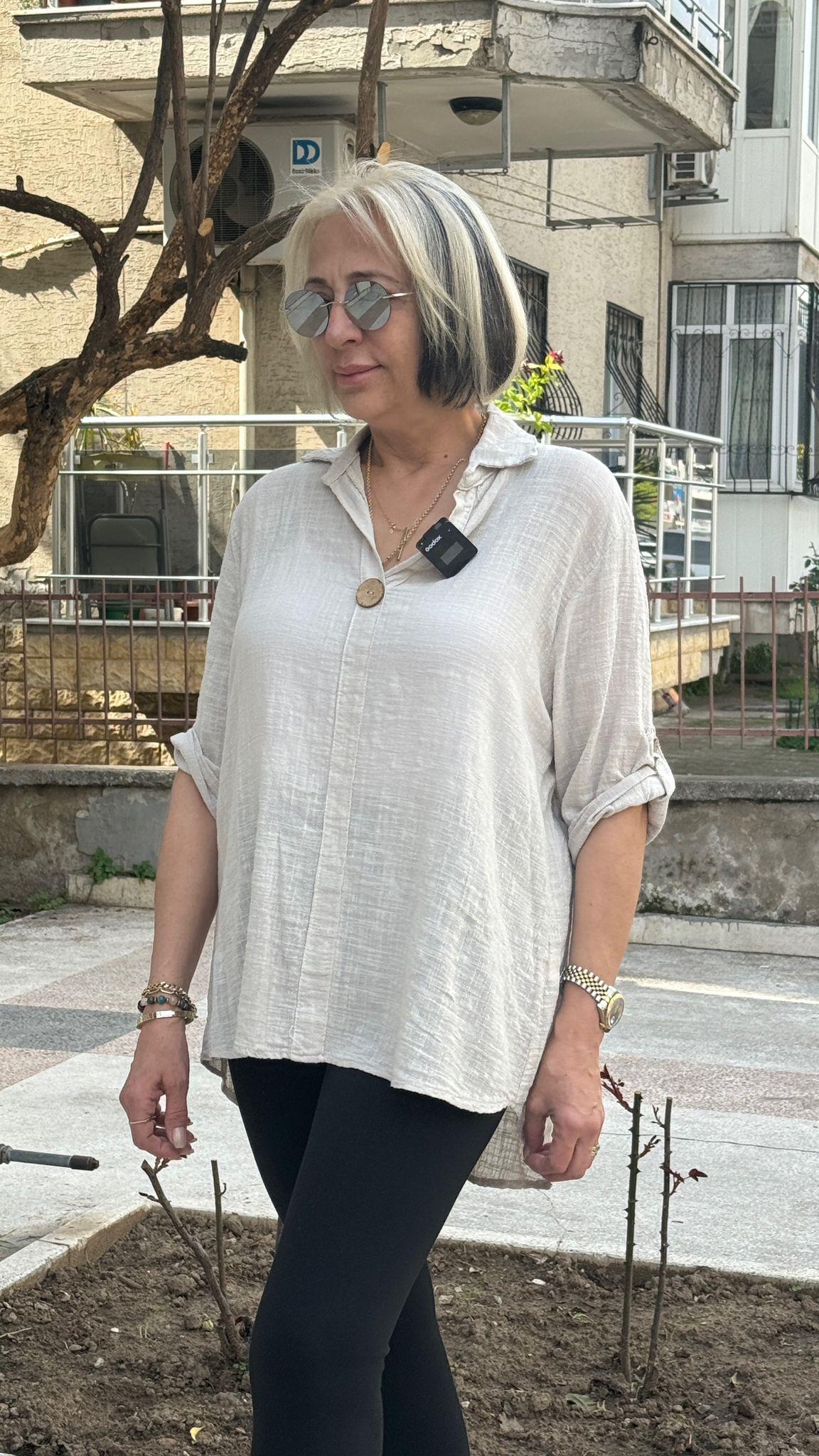 İtalyan Düğmeli Keten Gömlek Krem