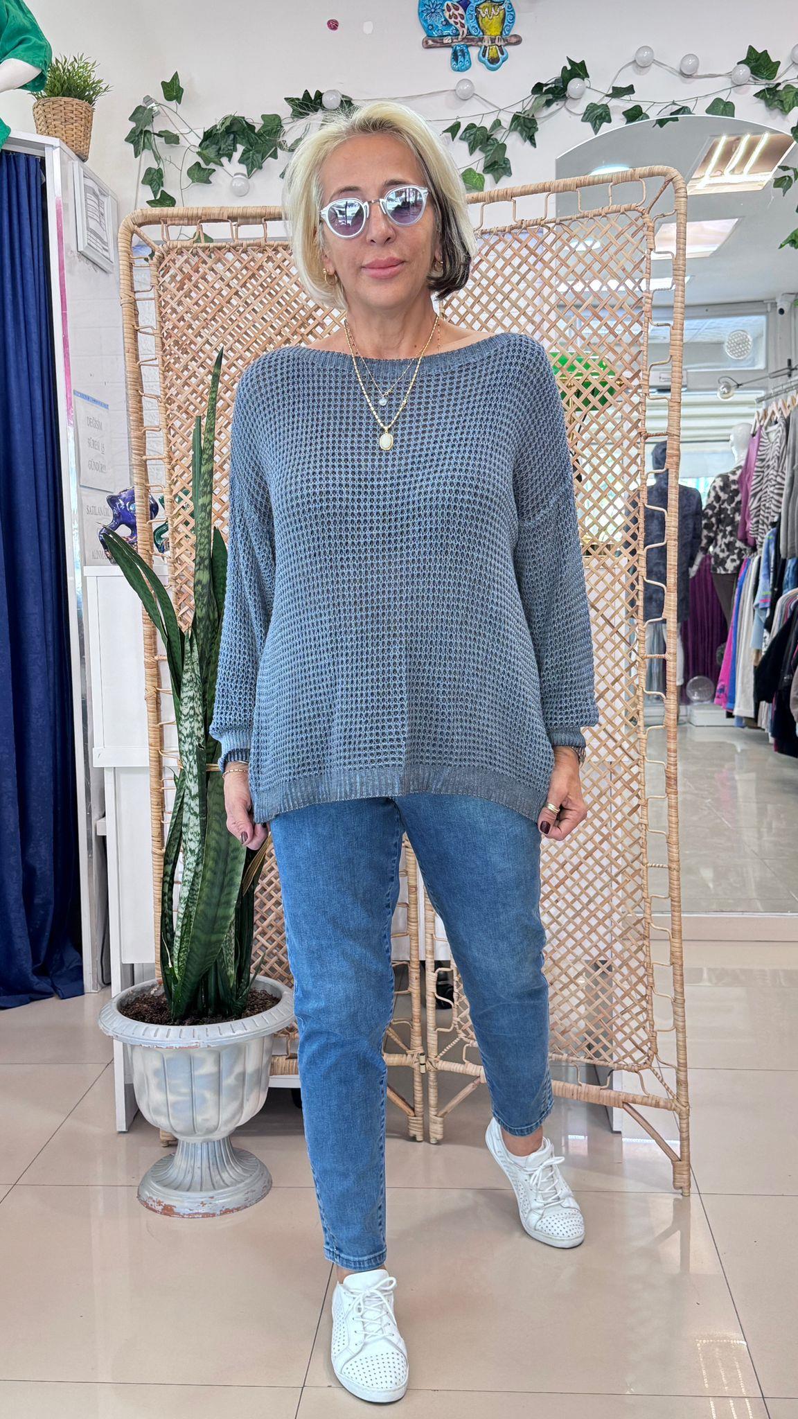 İtalyan Pamuk Dokuma Bluz Mavi