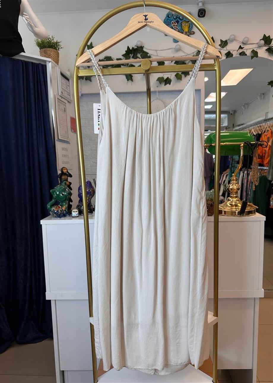 İtalyan Pamuk İpek İp Askılı Elbise Krem