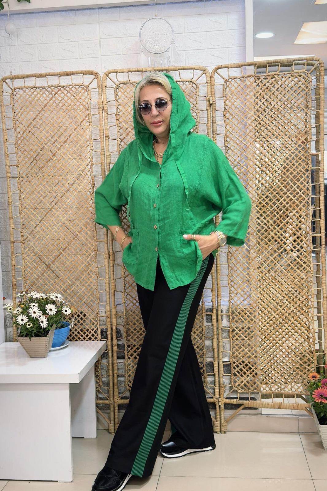 Kapşonlu Önden Düğmeli Ceket Yeşil