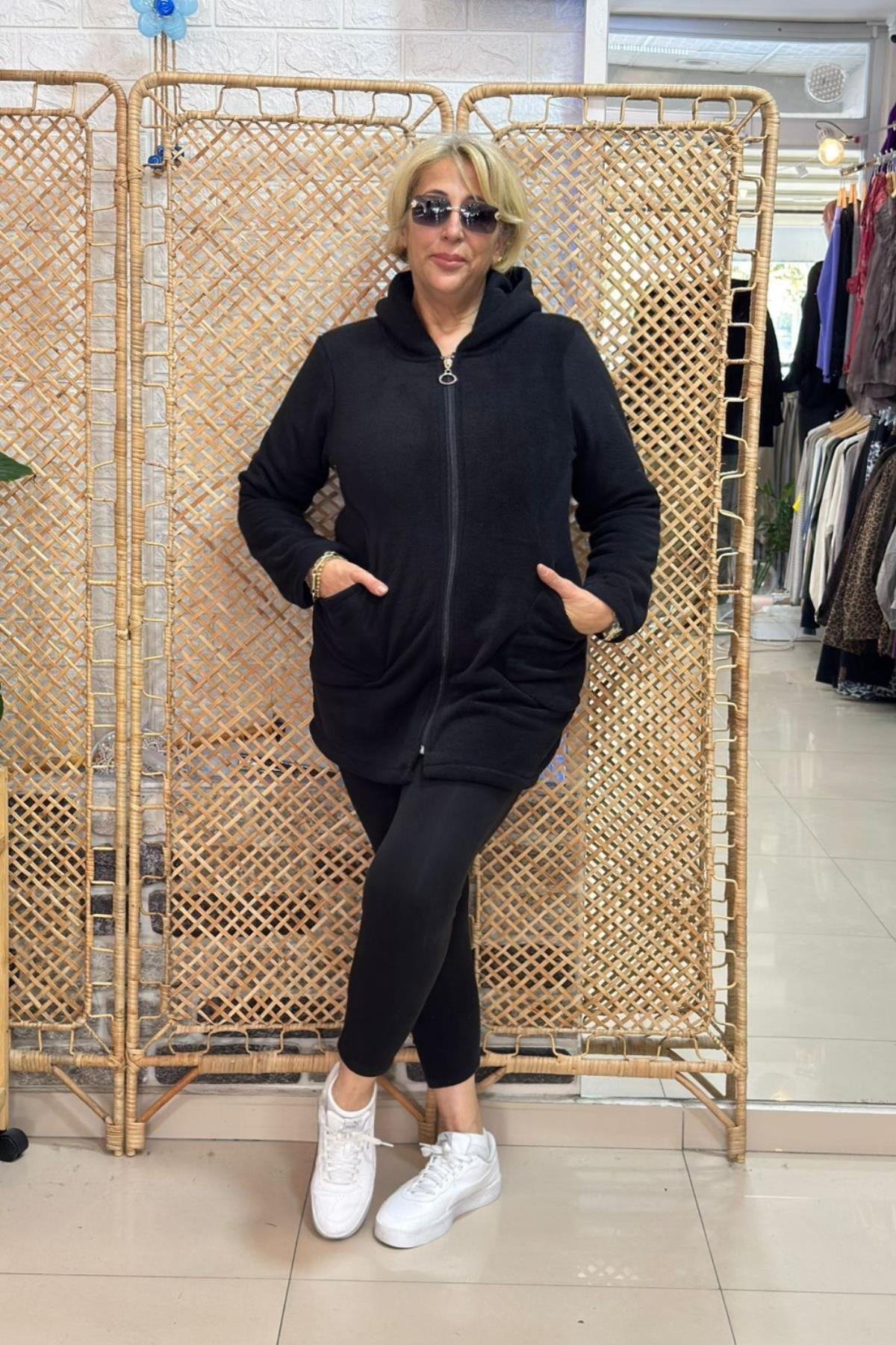 Kapşonlu Polar Ceket Siyah