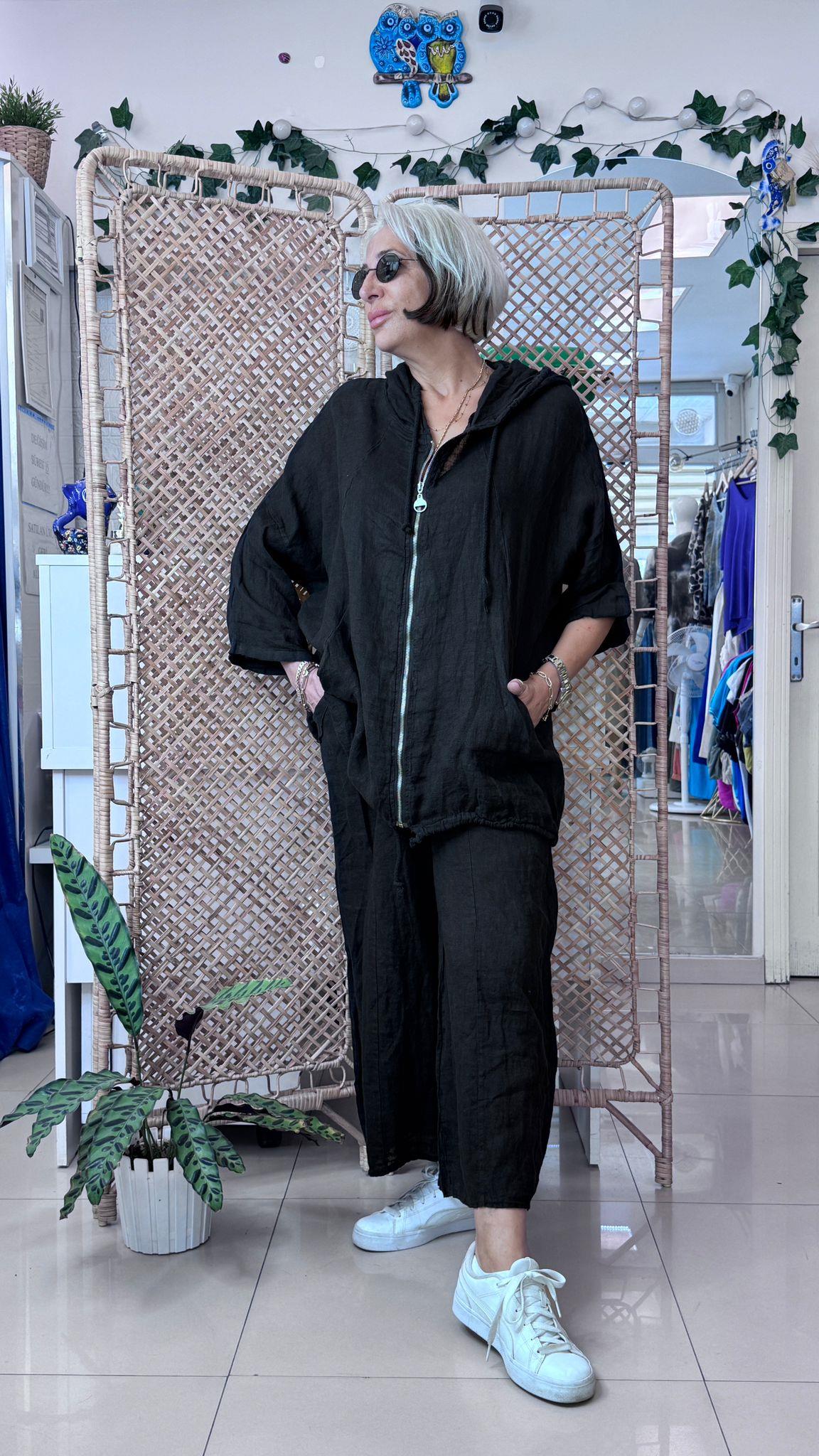 Kapşonlu Rahat Keten Takım Siyah