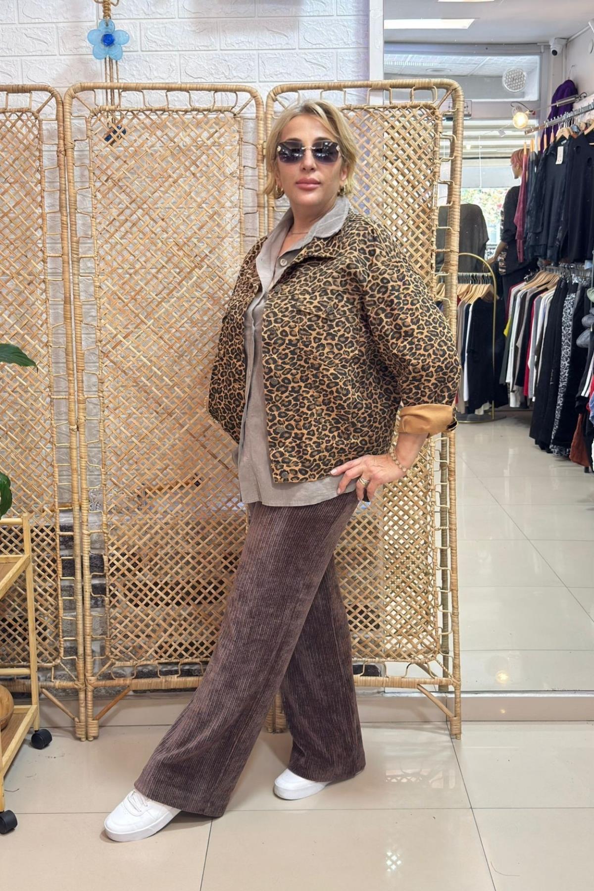 Leopar Desenli Kot Ceket Kahverengi