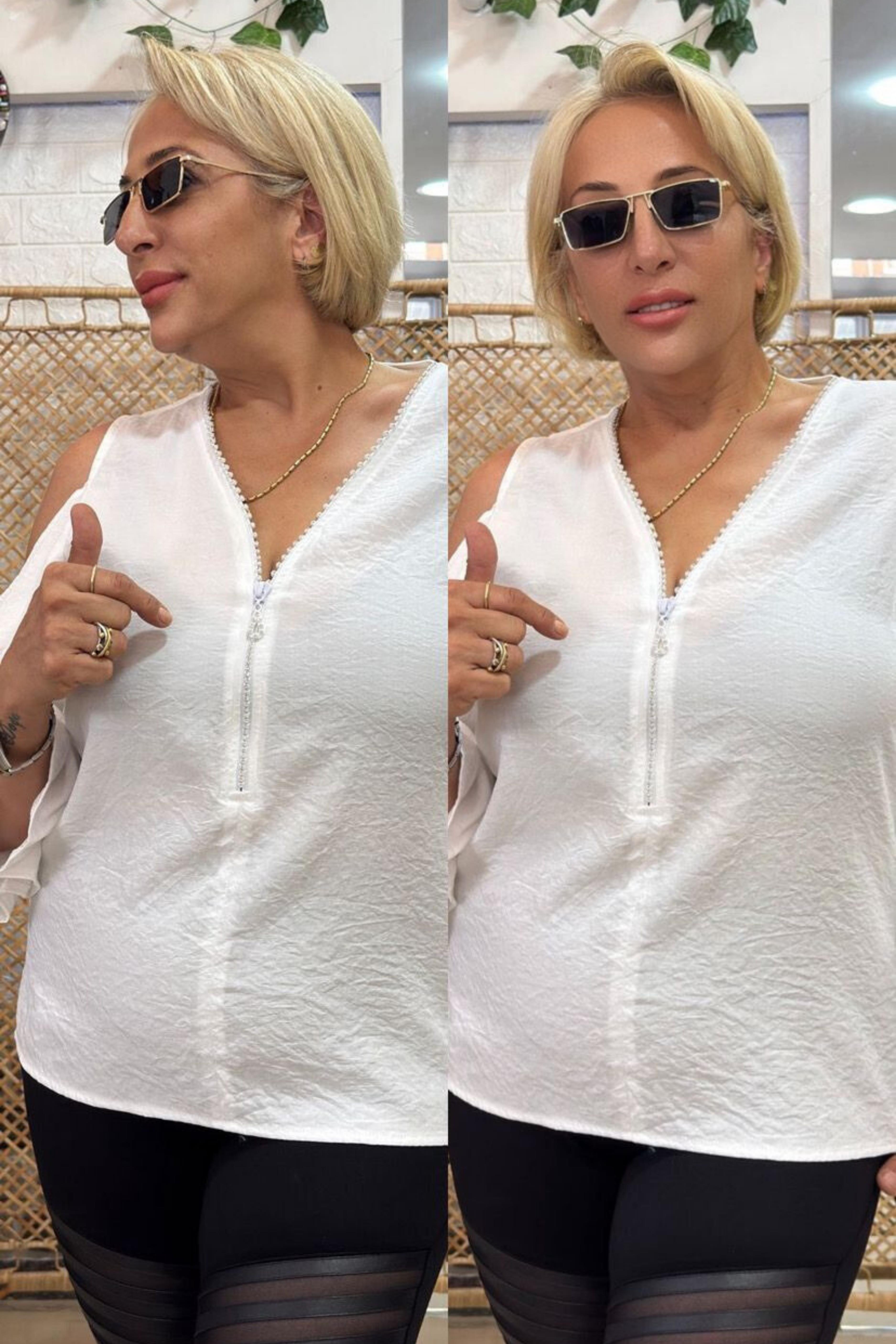 Omuz Detaylı, Fermuarlı Bluz Beyaz