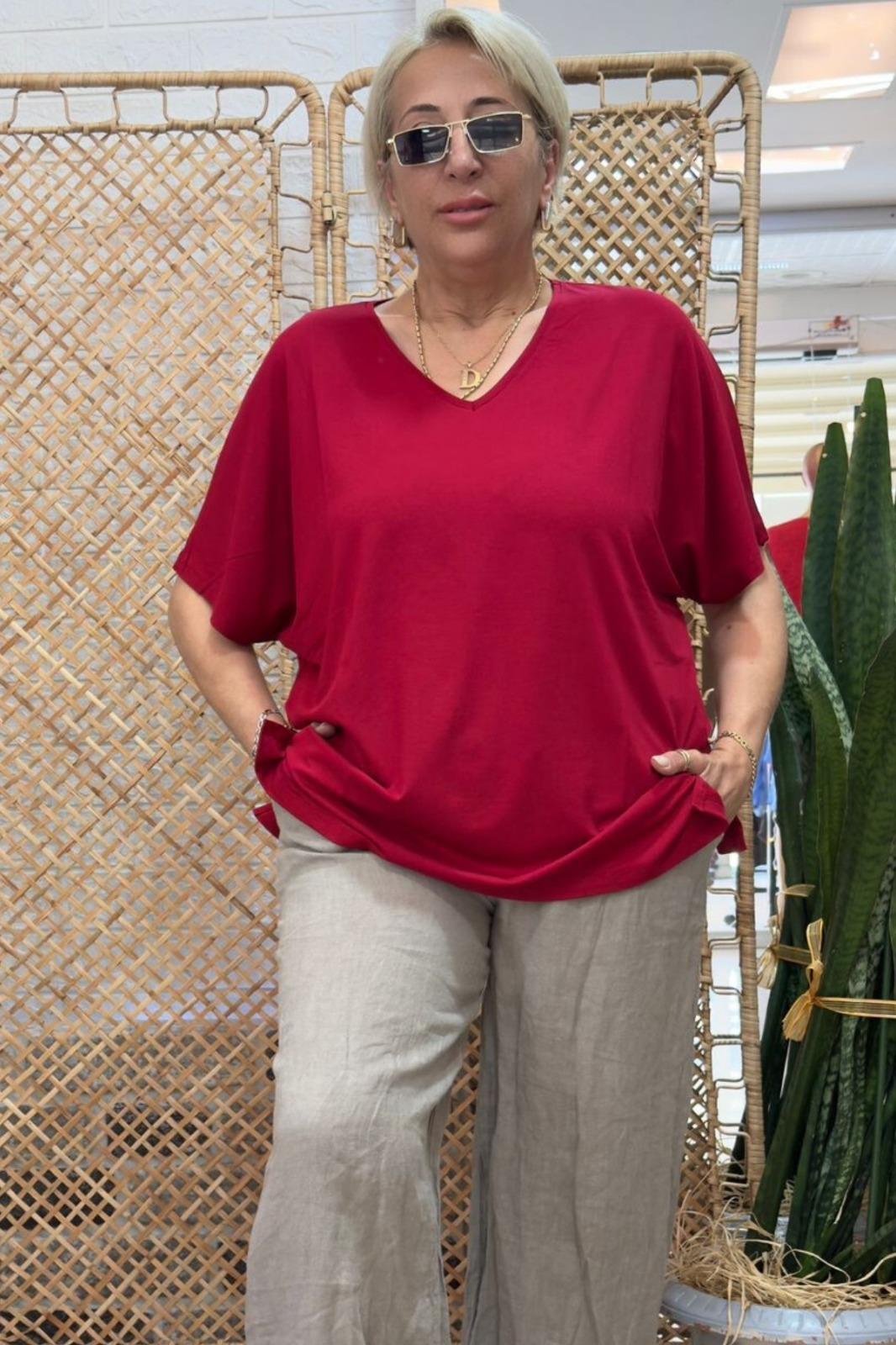 V Yaka Basic Bluz Bordo