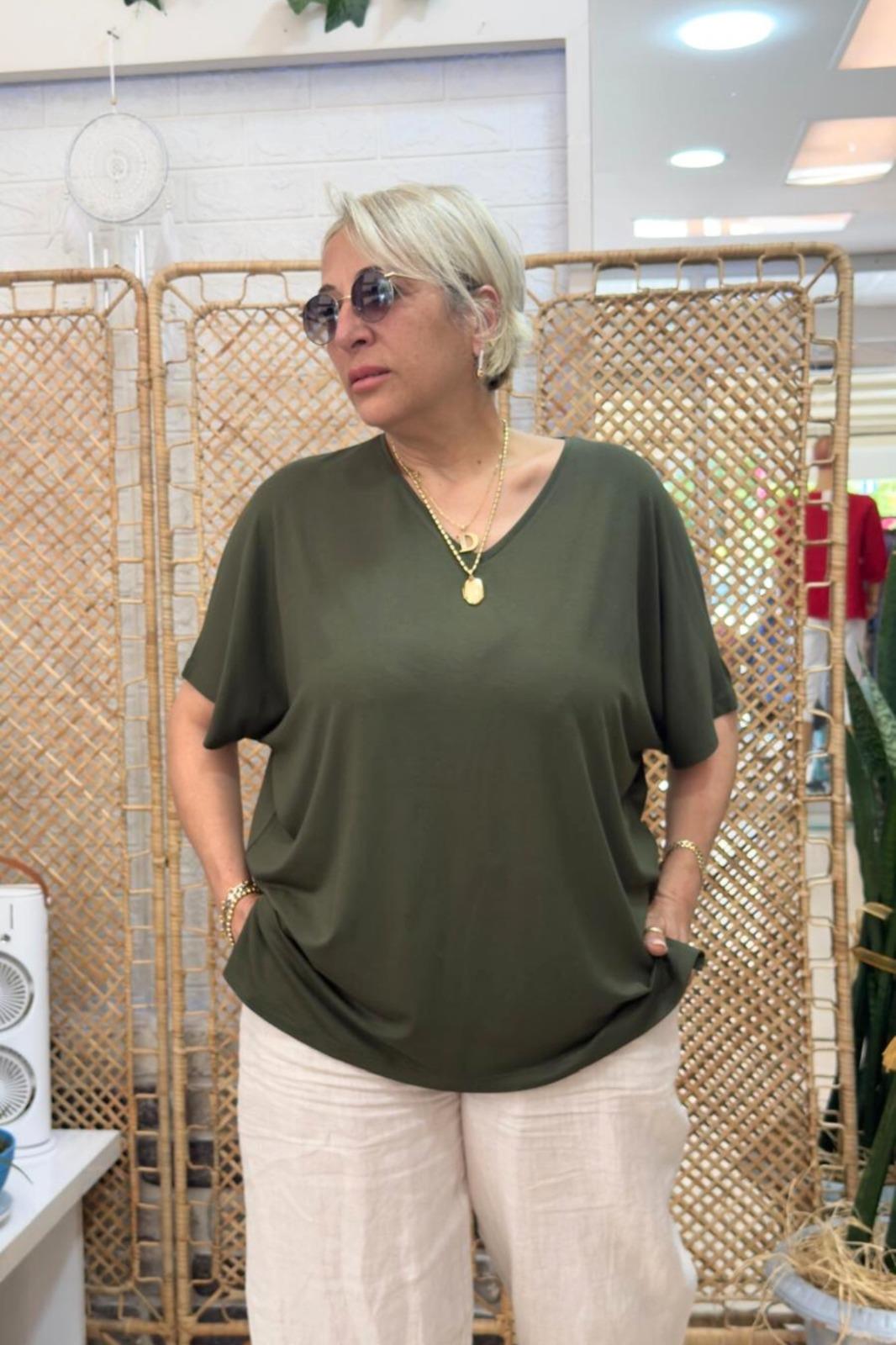 V Yaka Basic Bluz Haki