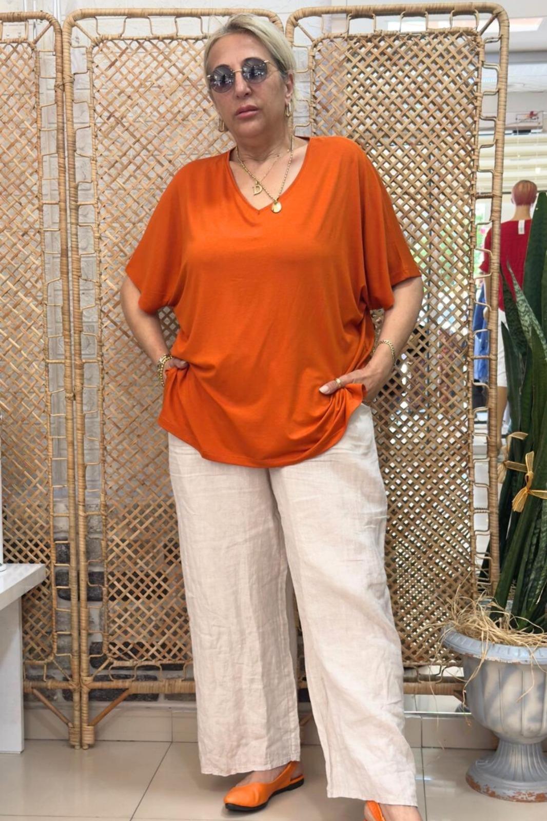 V Yaka Basic Bluz Kiremit